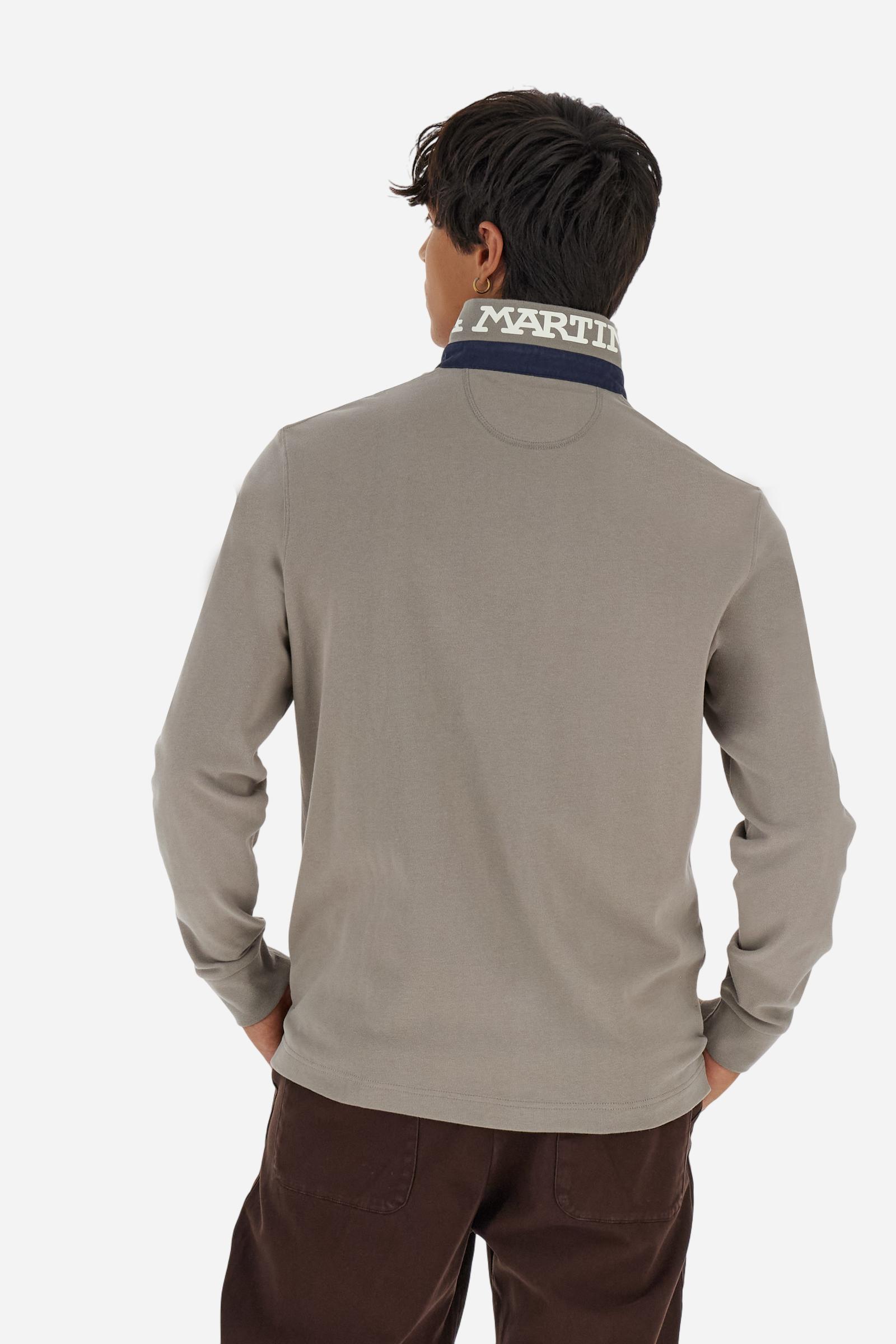 Men’s long-sleeve polo in premium soft-touch cotton jersey for a luxurious feel on the skin. Contrast gabardine details on the collar. Upper collar in tone-on-tone ribbing with printed La Martina lettering undercollar. Three customized buttons, enhanced by a multicolor striped tape on the placket. Contrast embroidered team logo on the chest. Regular fit. Model wears size L. - Moon Rock