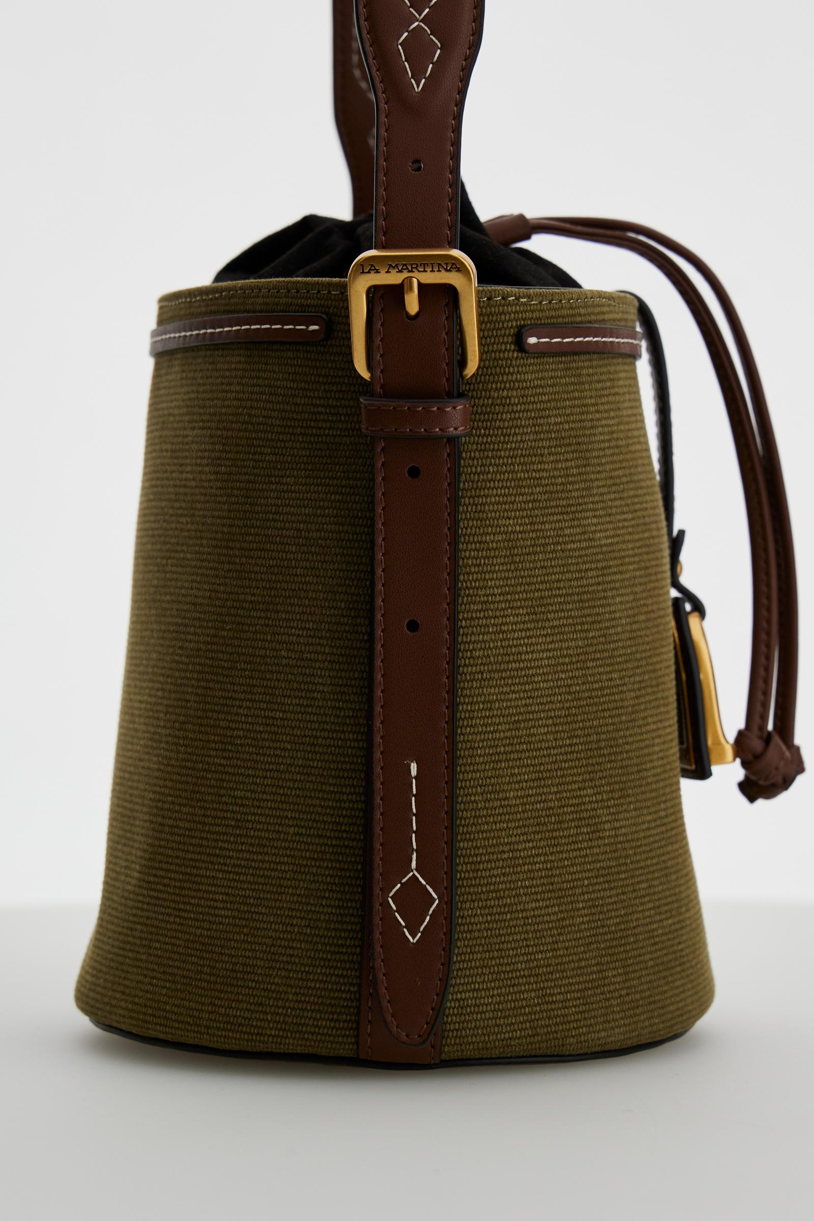 Structured bucket bag in washed canvas with eco-leather contrast details and gold maxi logo buckle on the front. - Brown/Military