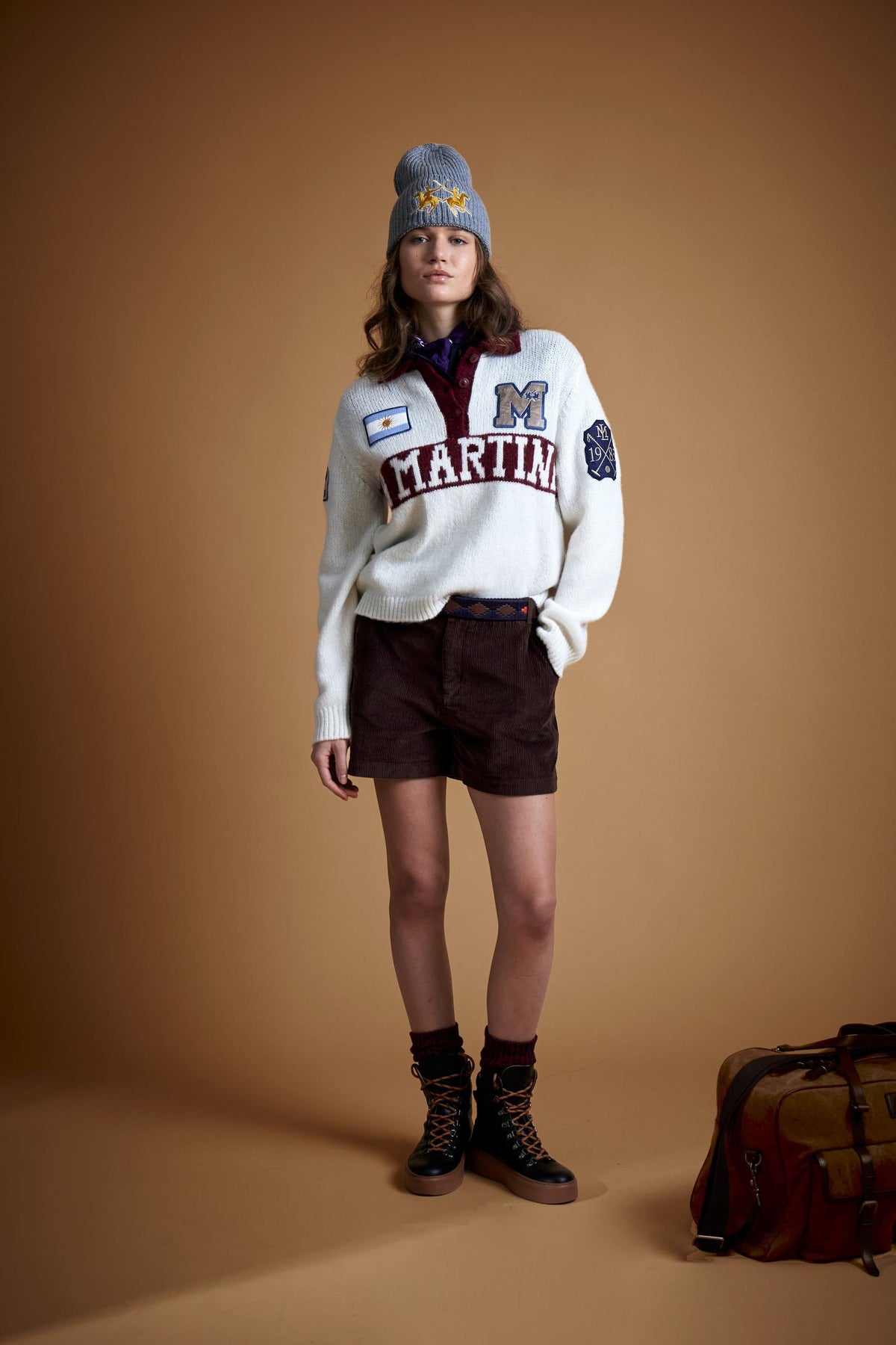 Women's polo collar sweater in alpaca blend with patch - Estella