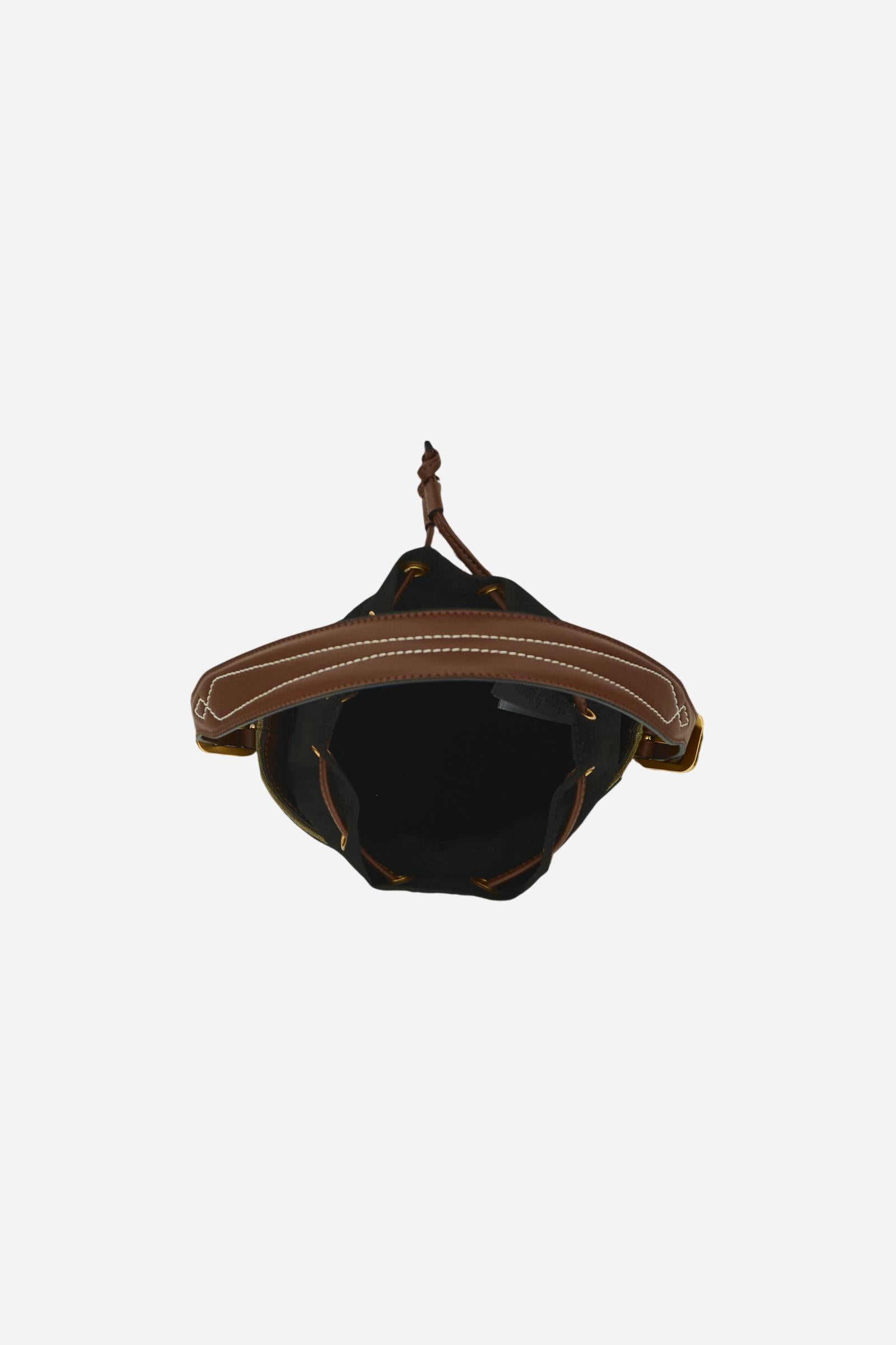 Structured bucket bag in washed canvas with eco-leather contrast details and gold maxi logo buckle on the front. - Brown/Military