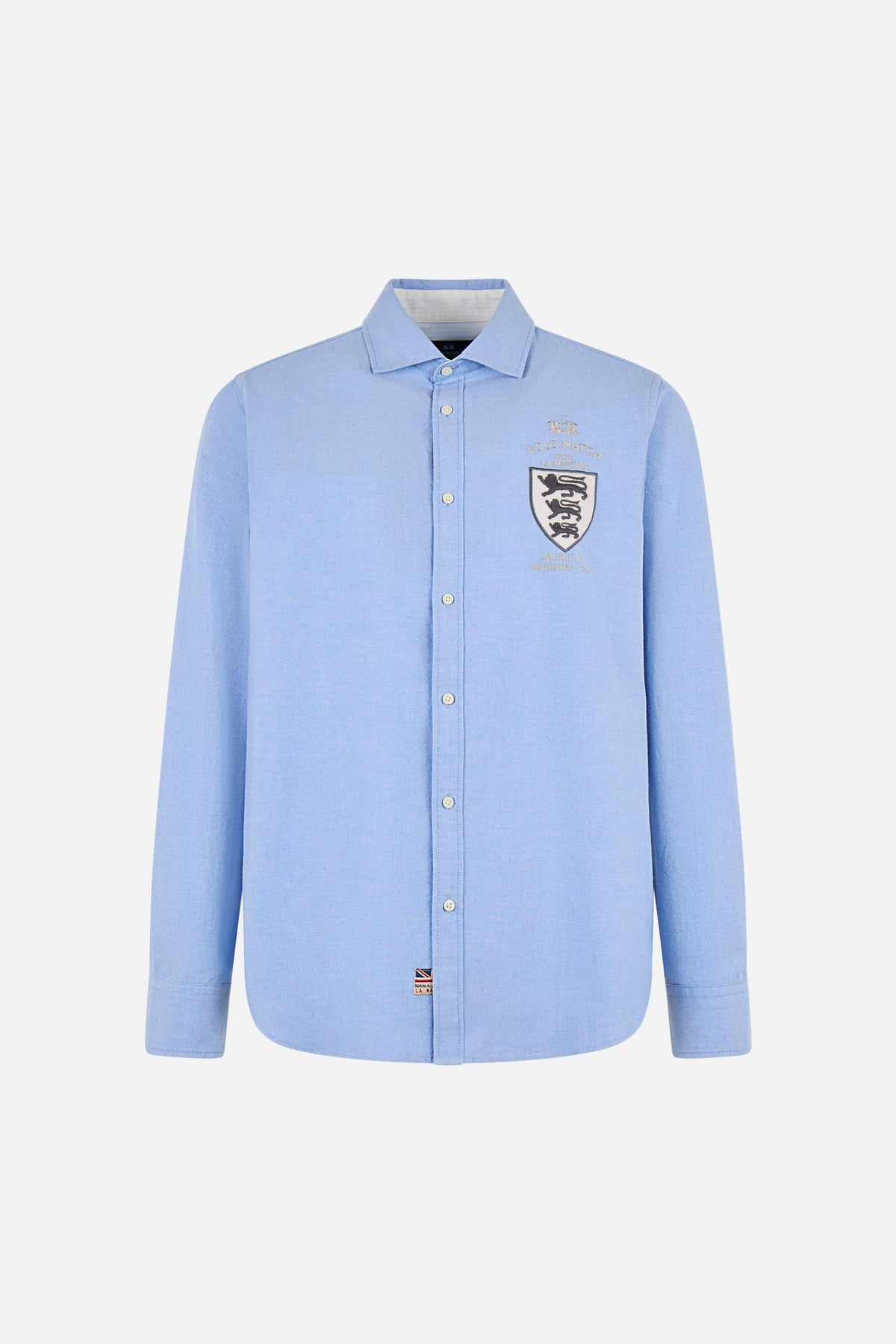 Men's 100% cotton Oxford shirt with a soft feel, regular fit, button-down collar, mother-of-pearl buttons, Polo Match embroidery, and embroidered number 3 patch. - Cornflower blue