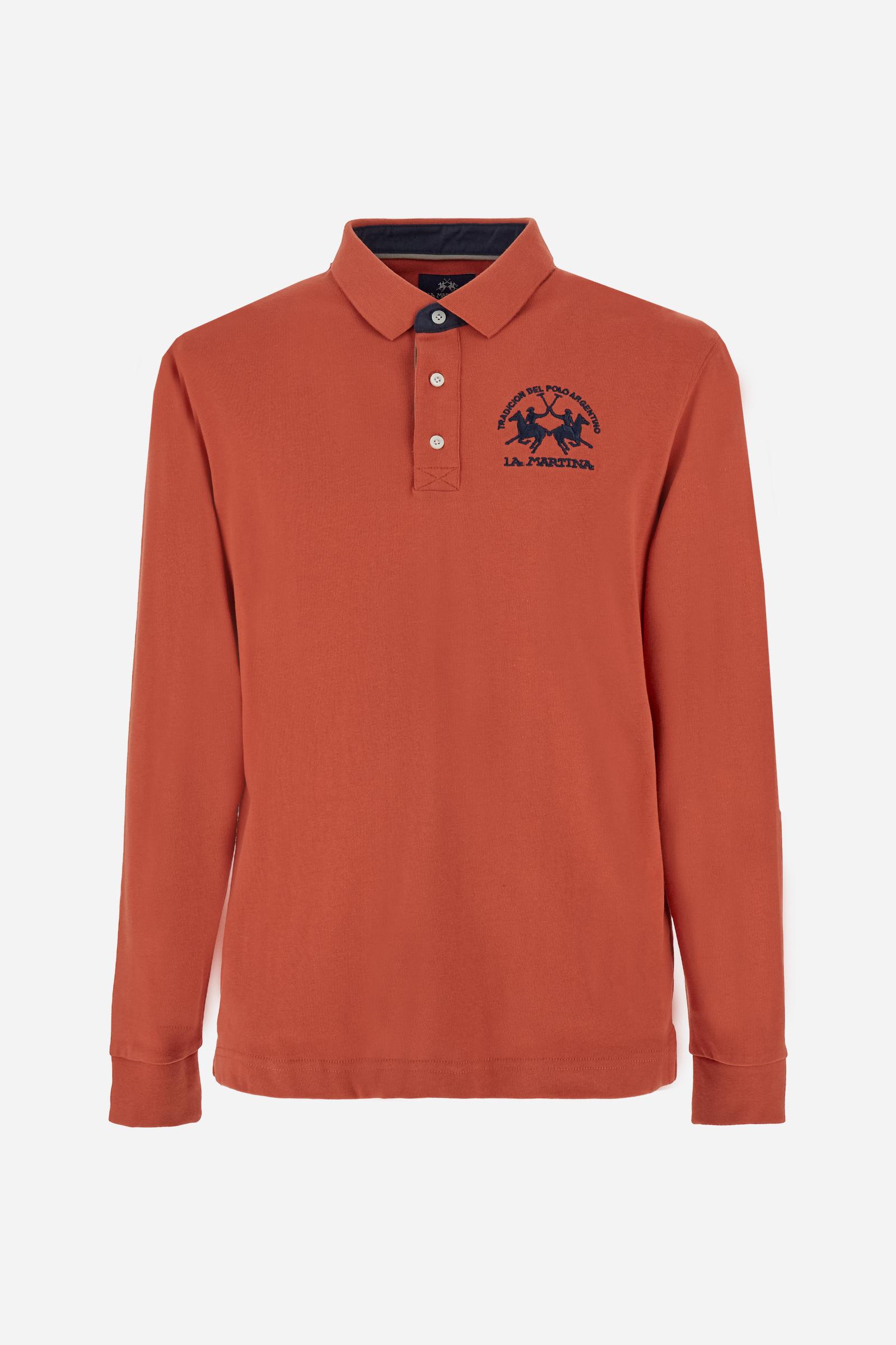 Men’s long-sleeve polo in premium soft-touch cotton jersey for a luxurious feel on the skin. Contrast gabardine details on the collar. Upper collar in tone-on-tone ribbing with printed La Martina lettering undercollar. Three customized buttons, enhanced by a multicolor striped tape on the placket. Contrast embroidered team logo on the chest. Regular fit. Model wears size L. - Burnt Ochre