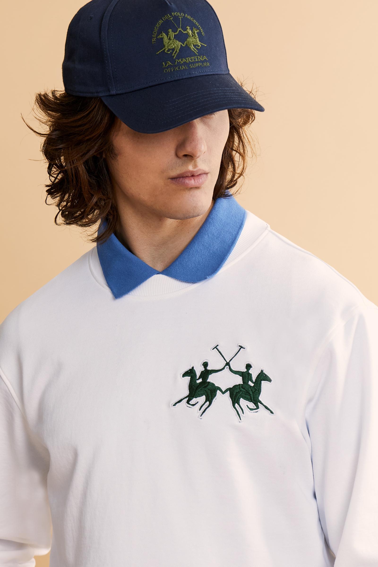 Men's crew-neck sweatshirt in 100% cotton diagonal fleece. Features a ribbed collar, cuffs, and hem, with a modern cut and exclusive maxi 3D embroidered logo. - Optic White