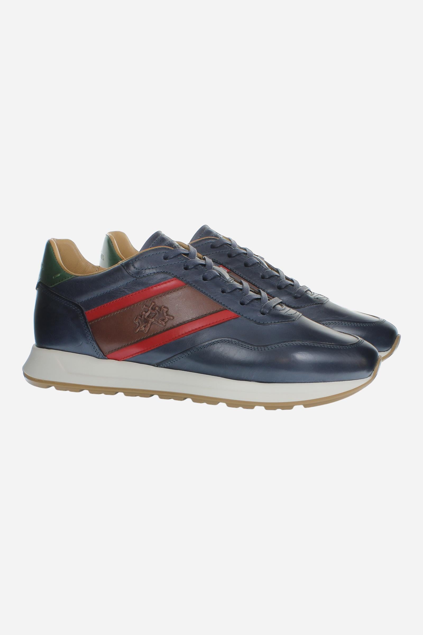 Men's sneaker combining calf and vegetable-tanned leather with artisanal stitching, branded logo, and high-cushioning rubber PU sole for lasting comfort and style. - Salute