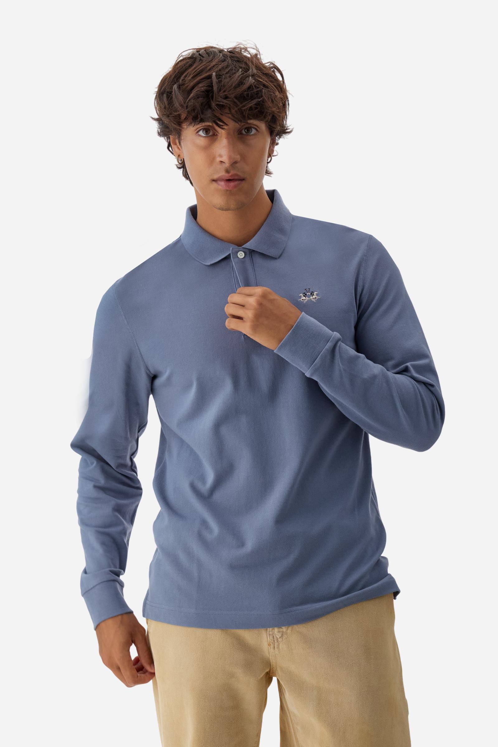 Men’s long-sleeve polo in high-quality stretch cotton piqué for comfort and flexibility. Tone-on-tone ribbed collar with contrast gabardine undercollar embroidered with the brand’s iconic lettering, revealed when the collar is lifted. Contrast embroidered logo on the chest. Slim fit, offering a modern silhouette that enhances the body while ensuring freedom of movement. Model wears size L. - Flint Stone