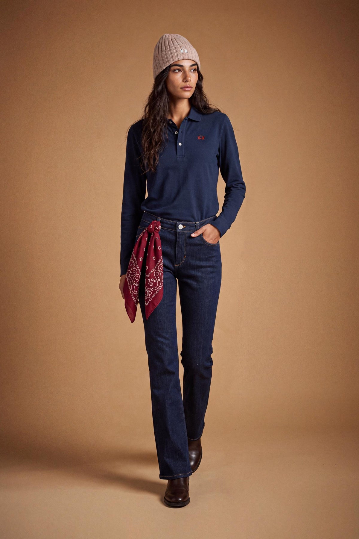 Women's long-sleeve polo shirt in 100% cotton piqué with a regular fit, ribbed collar, button front, fabric cuffs, and embroidered brand logo detail. - Navy Blazer