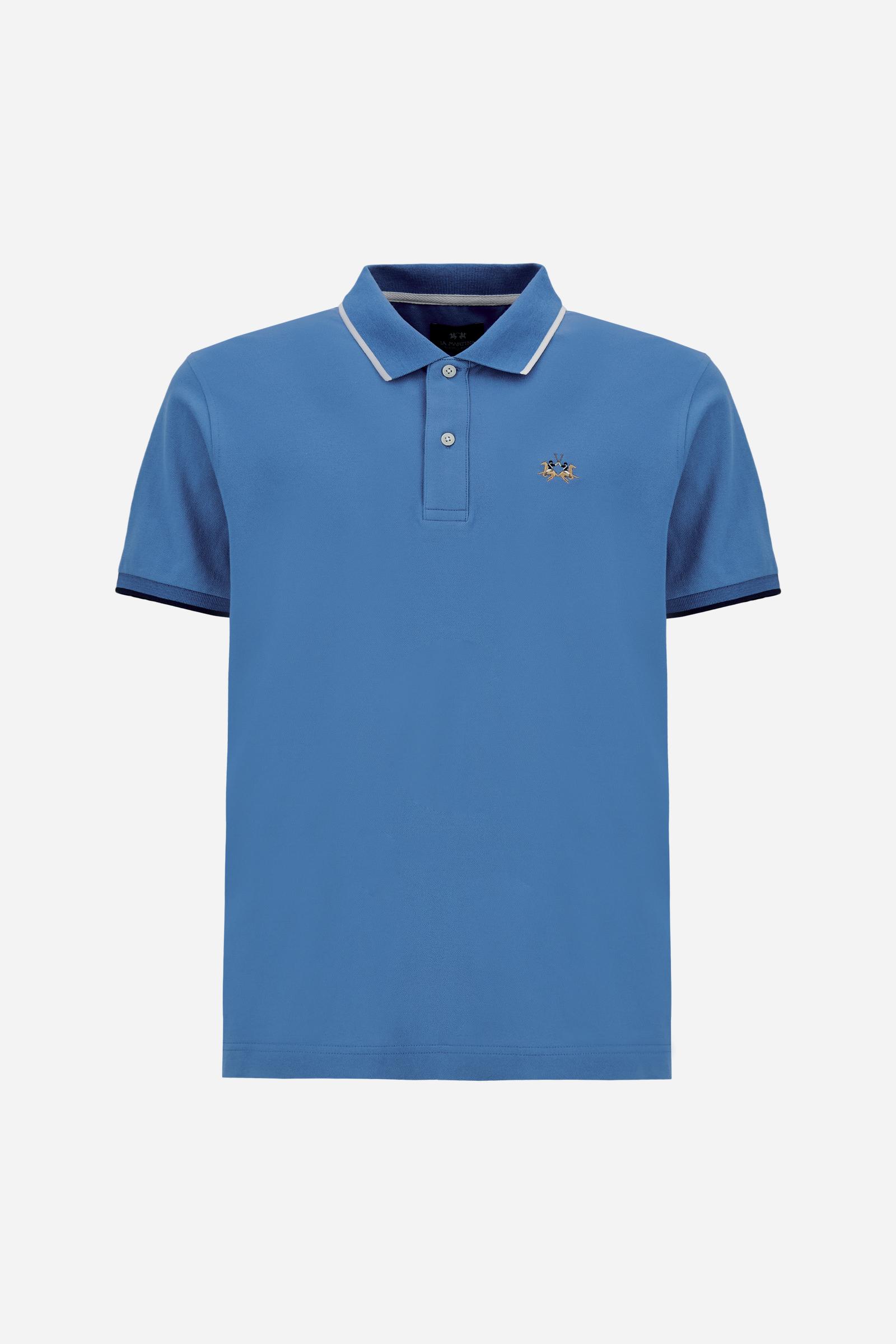 Men’s short-sleeve stretch piqué polo shirt with a regular fit. Ribbed trims with contrast piping, tricolour logo and embroidered undercollar detail. - Riviera                                                                                                                                                                                                                                                                                                                                                                 
