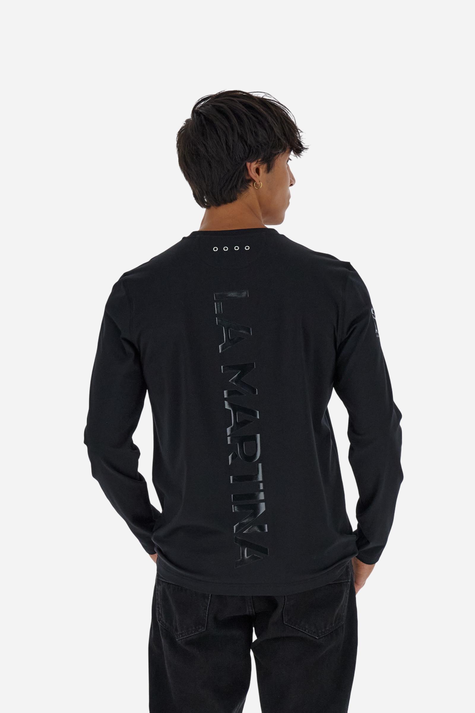 Crew-neck long-sleeve T-shirt made of 100% high-quality cotton jersey. The smooth, fluid fabric has a technical look that ensures comfort and style. A small translucent transfer logo is applied on the chest, while two Asociacion Argentina de Polo (AAP) transfers decorate the right sleeve. The large vertical translucent print on the back is a signature detail of the brand. Regular fit with clean lines and refined finishes for a simple yet distinctive piece. Model wears size L. - Black