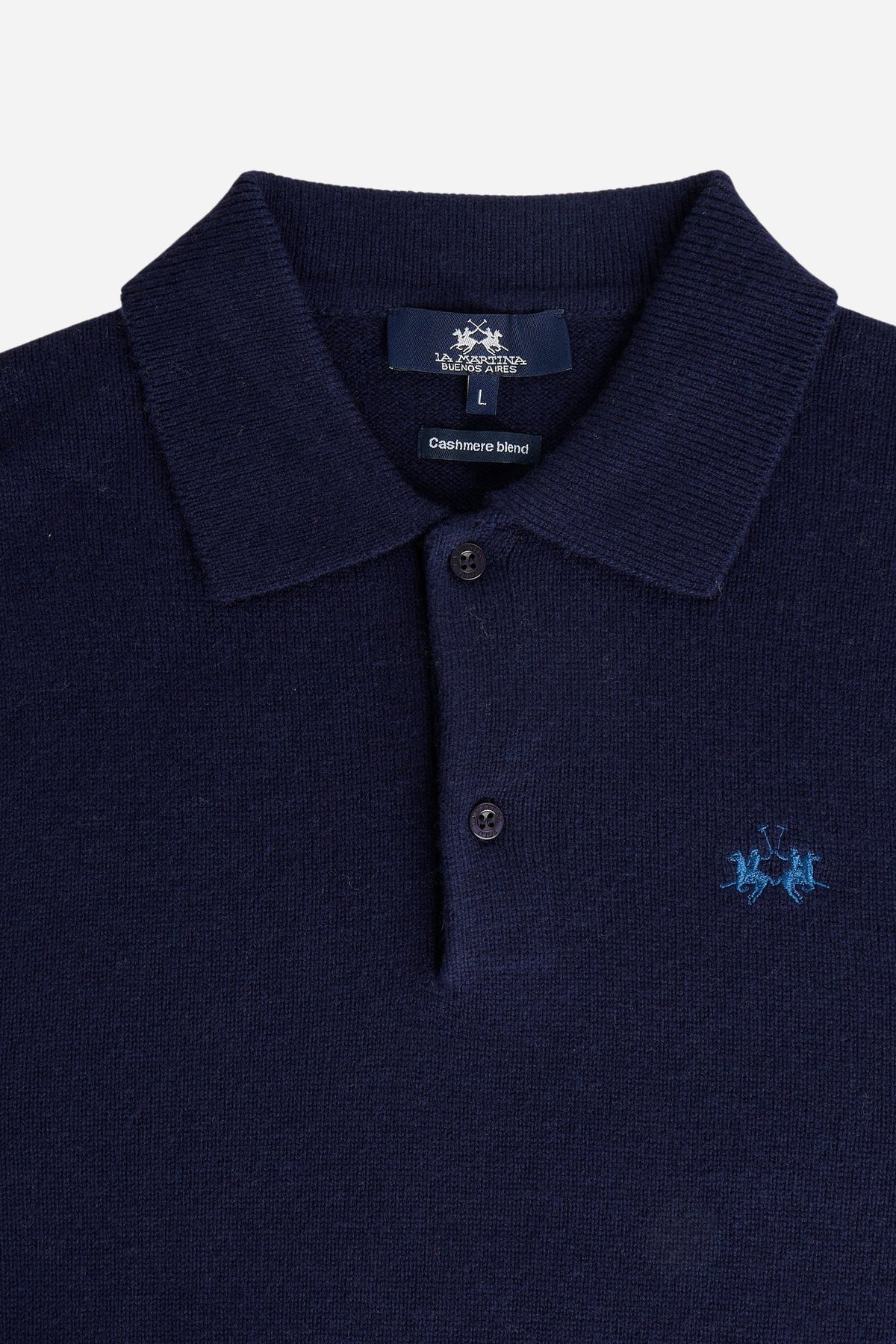 Men's knitted polo in cotton-wool blend with regular fit, ribbed cuffs and hem, classic collar, 2-button front, and subtle embroidered chest logo. - Navy