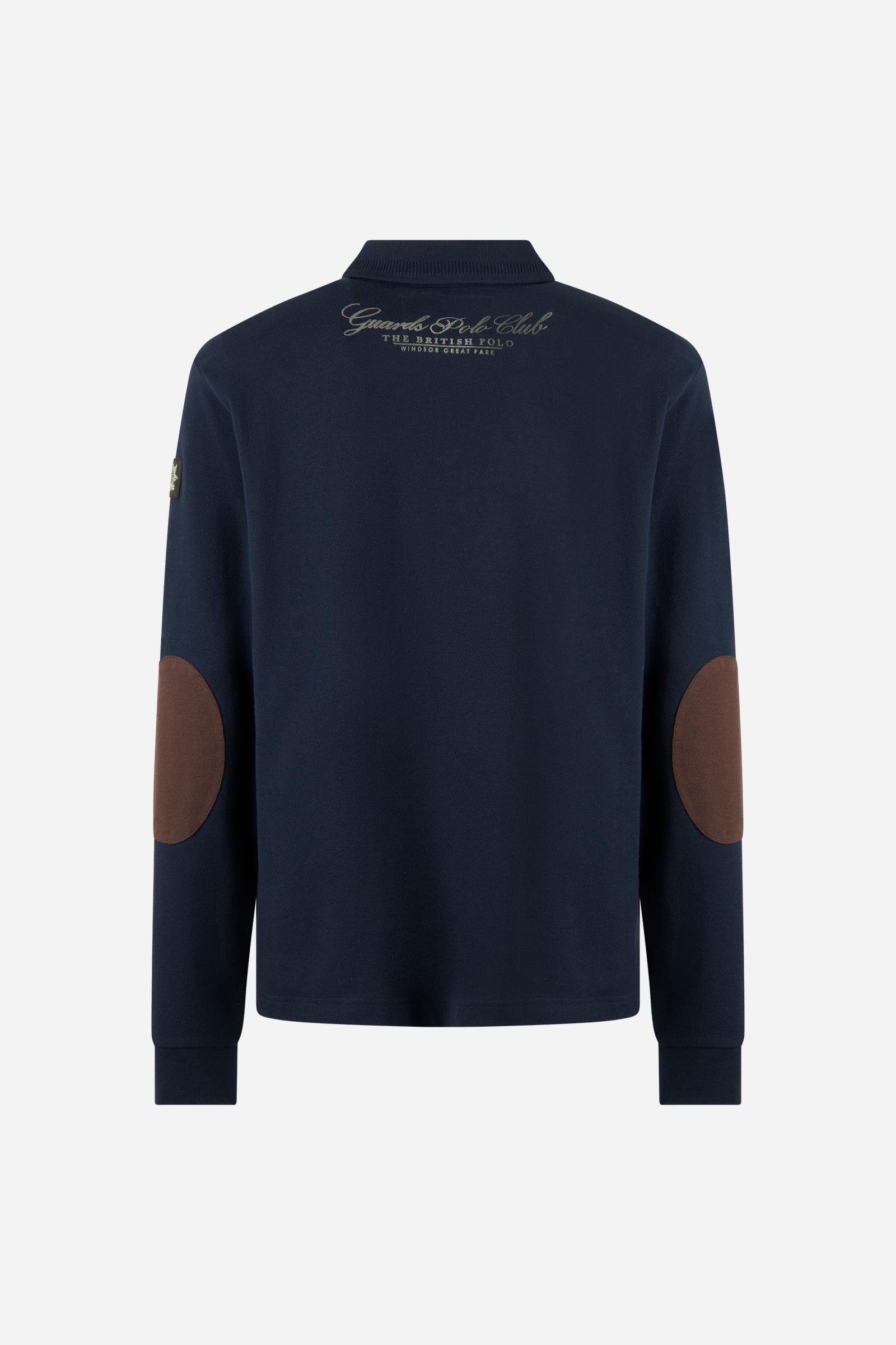 Men's long-sleeve cotton piqué polo with ribbed collar and cuffs, reinforced elbow patches, embroidered details, and a comfortable regular fit for lasting style. - Navy Blazer