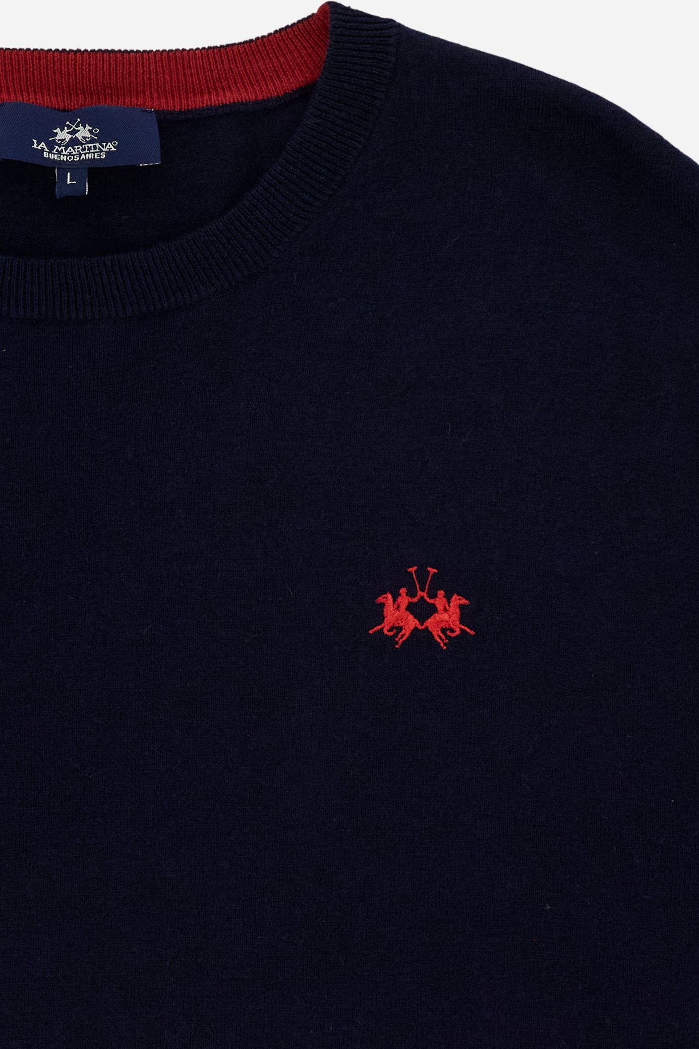 Crewneck sweater in lightweight 100% cotton with a regular fit. Ribbed collar, cuffs and hem. Contrast details inside the neckline, echoed on the cuffs, and embroidered logo on the chest. - Navy                                                                                                                                                                                                                                                                                                                              