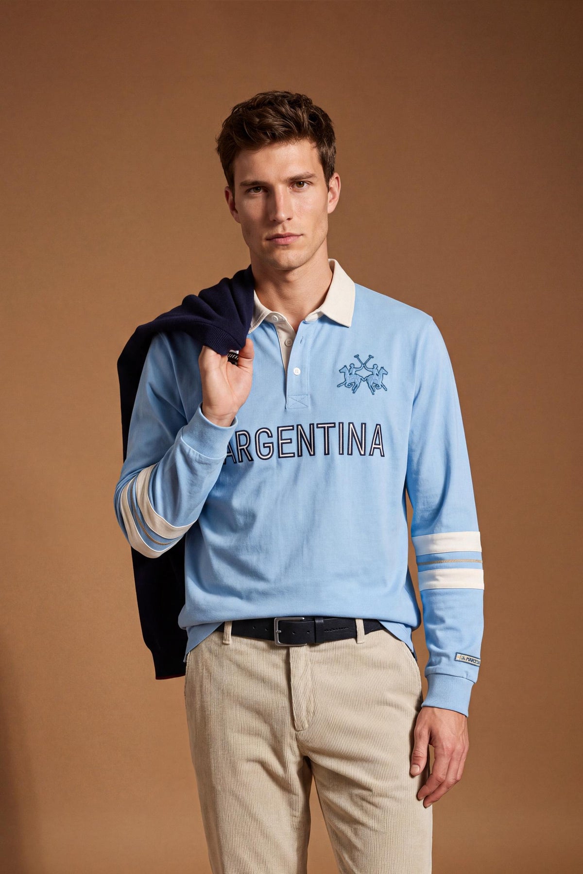 Men's long-sleeve polo in 100% high-weight cotton jersey with a contrasting gabardine collar, embroidered details, and a relaxed, contemporary fit for durable comfort. - Glacier Lake