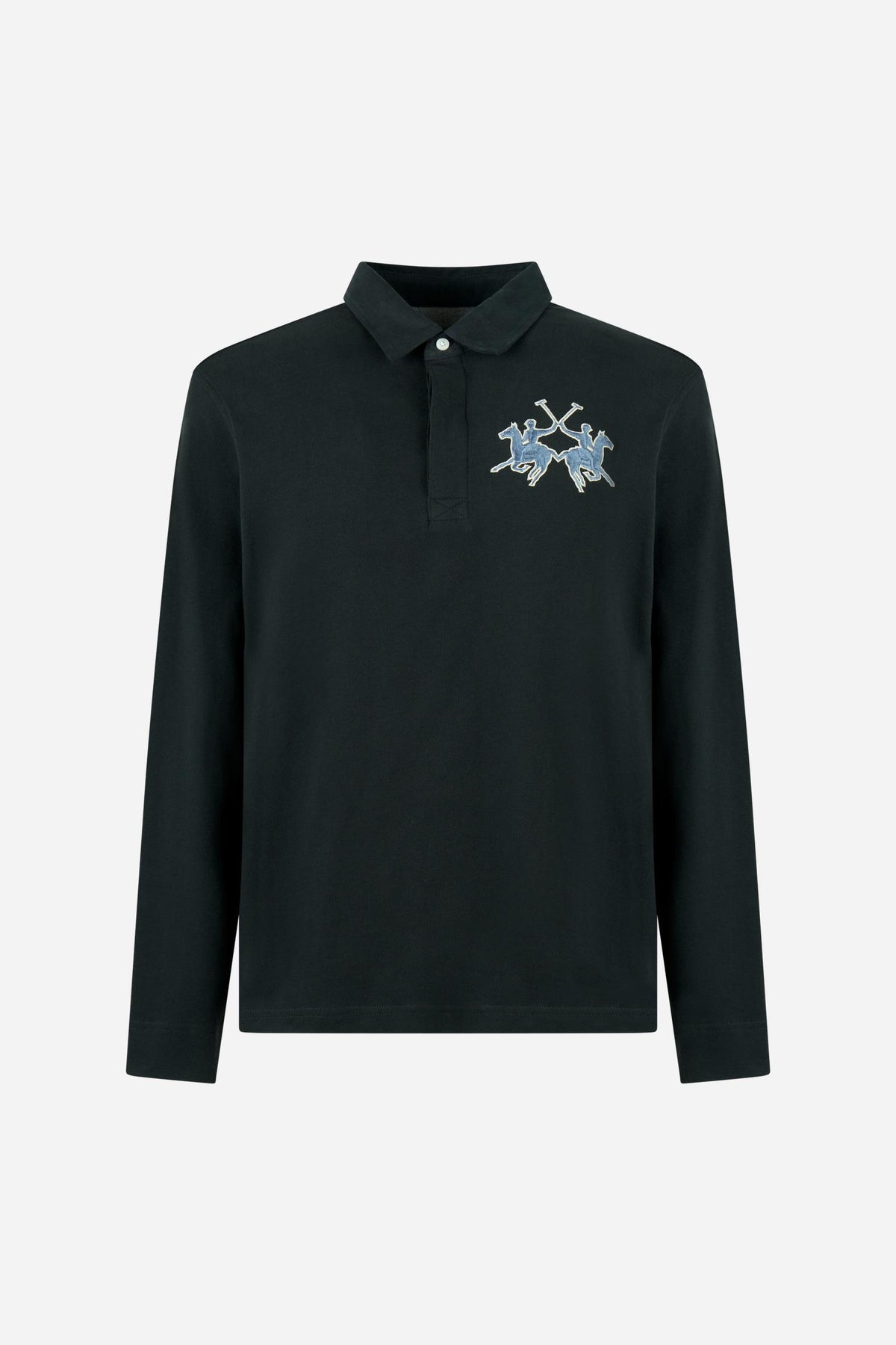 Men's long-sleeve polo in heavyweight 100% cotton jersey with a contrasting collar and hidden placket. Features a relaxed fit and a large 3D embroidered logo. - Navy Blazer