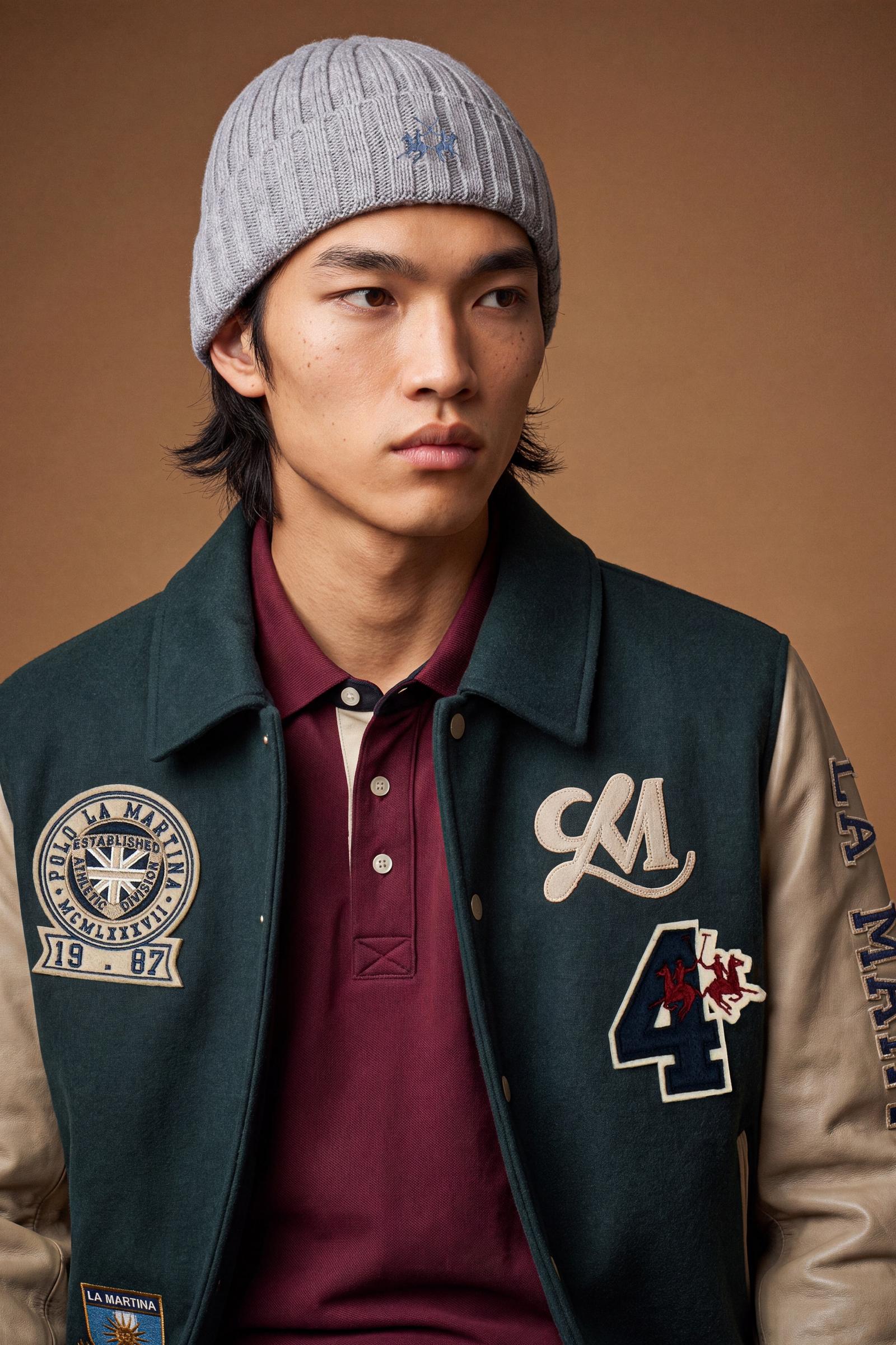 Men's long-sleeve varsity jacket with wool felt body, contrasting faux leather sleeves, ribbed trims, padded lining, chenille patches, and embroidered logo for classic style. - Scarab/Sheer Bliss