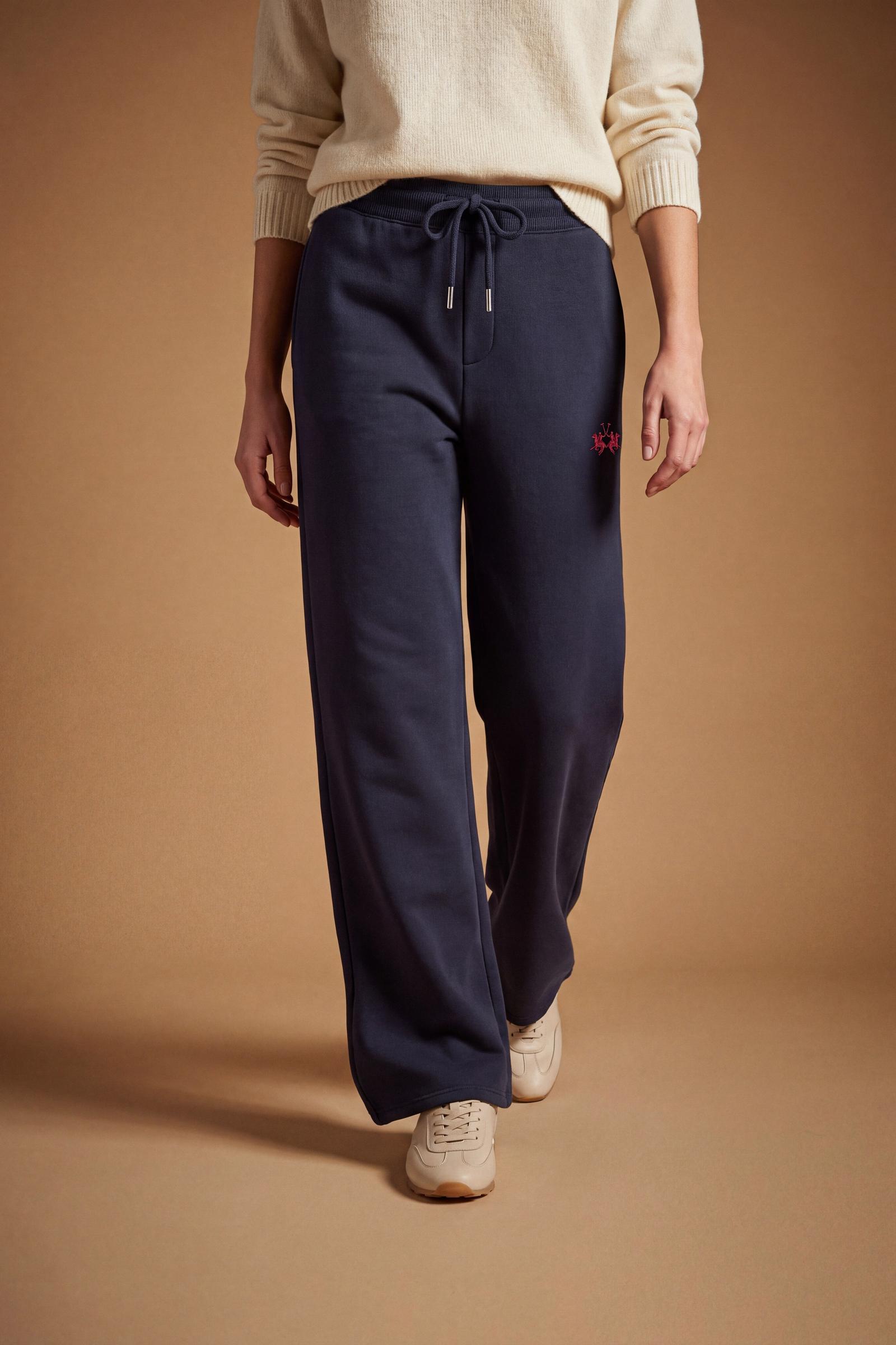 Women's pants in soft brushed cotton with an elastic waistband, adjustable drawstring, vertical side pockets, and a relaxed wide-leg fit for all-day comfort. - Navy Blazer