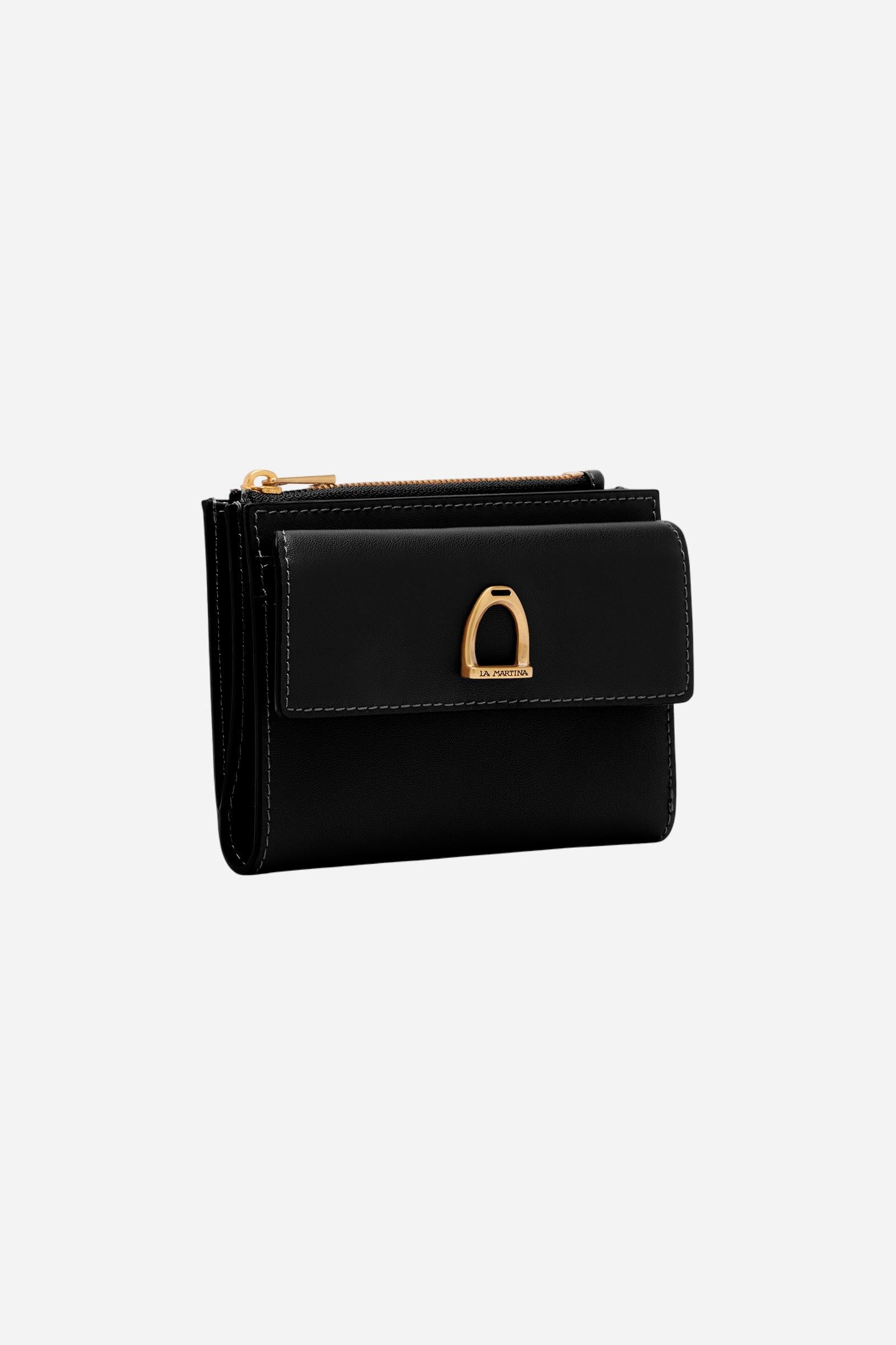 Folding wallet with zip in calfskin leather. Essential and elegant, with front flap and coin pocket. - Black