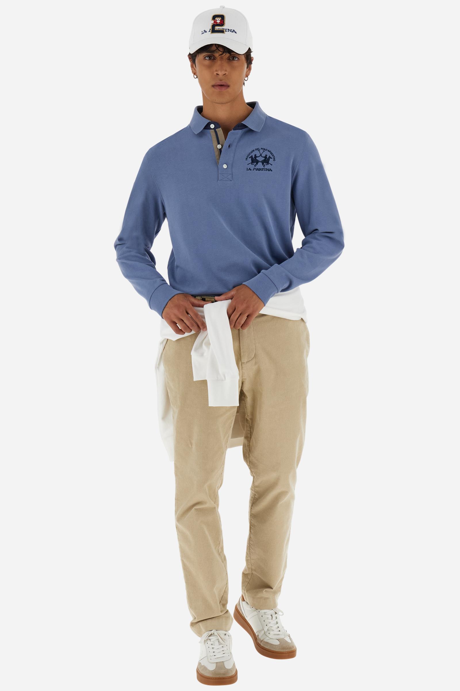 Men’s long-sleeve polo in premium soft-touch cotton jersey for a luxurious feel on the skin. Contrast gabardine details on the collar. Upper collar in tone-on-tone ribbing with printed La Martina lettering undercollar. Three customized buttons, enhanced by a multicolor striped tape on the placket. Contrast embroidered team logo on the chest. Regular fit. Model wears size L. - Flint Stone