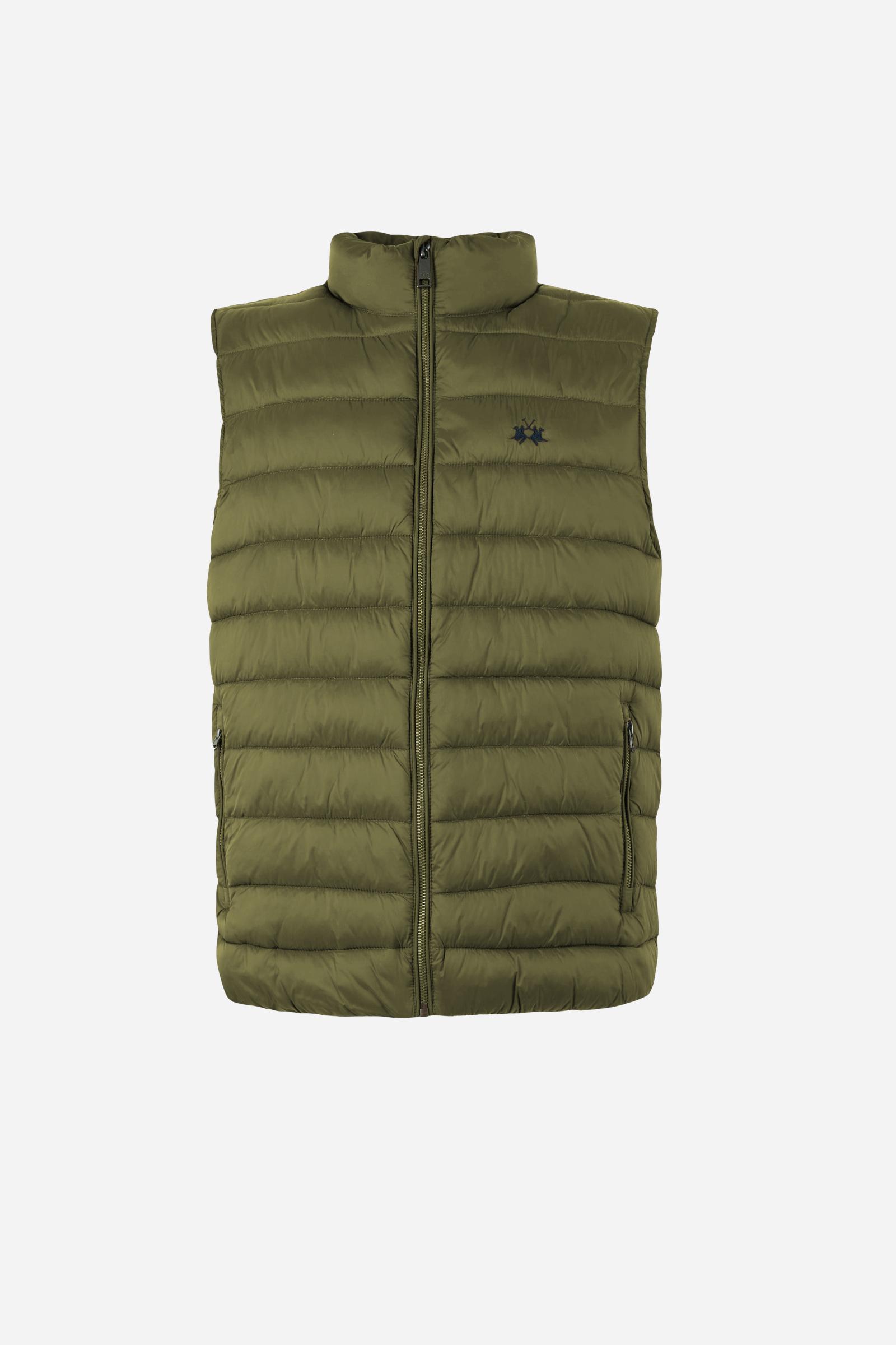 Men's sleeveless down jacket in lightweight nylon with wadding padding for warmth, zippered pockets, high collar, and contrasting interior and logo details. - Burnt Olive