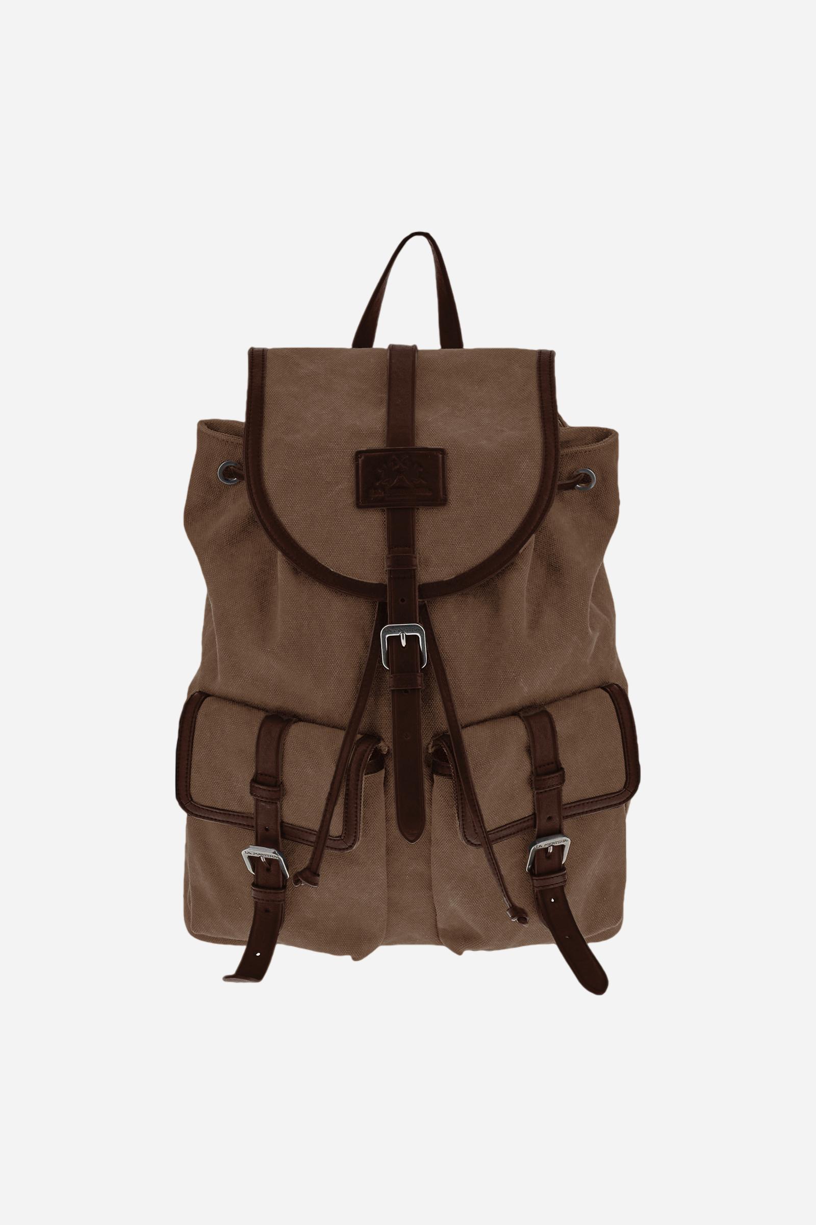 Backpack in washed canvas and leather. Versatile and roomy, with double closure, large front pockets and embossed leather tag. - COCOA