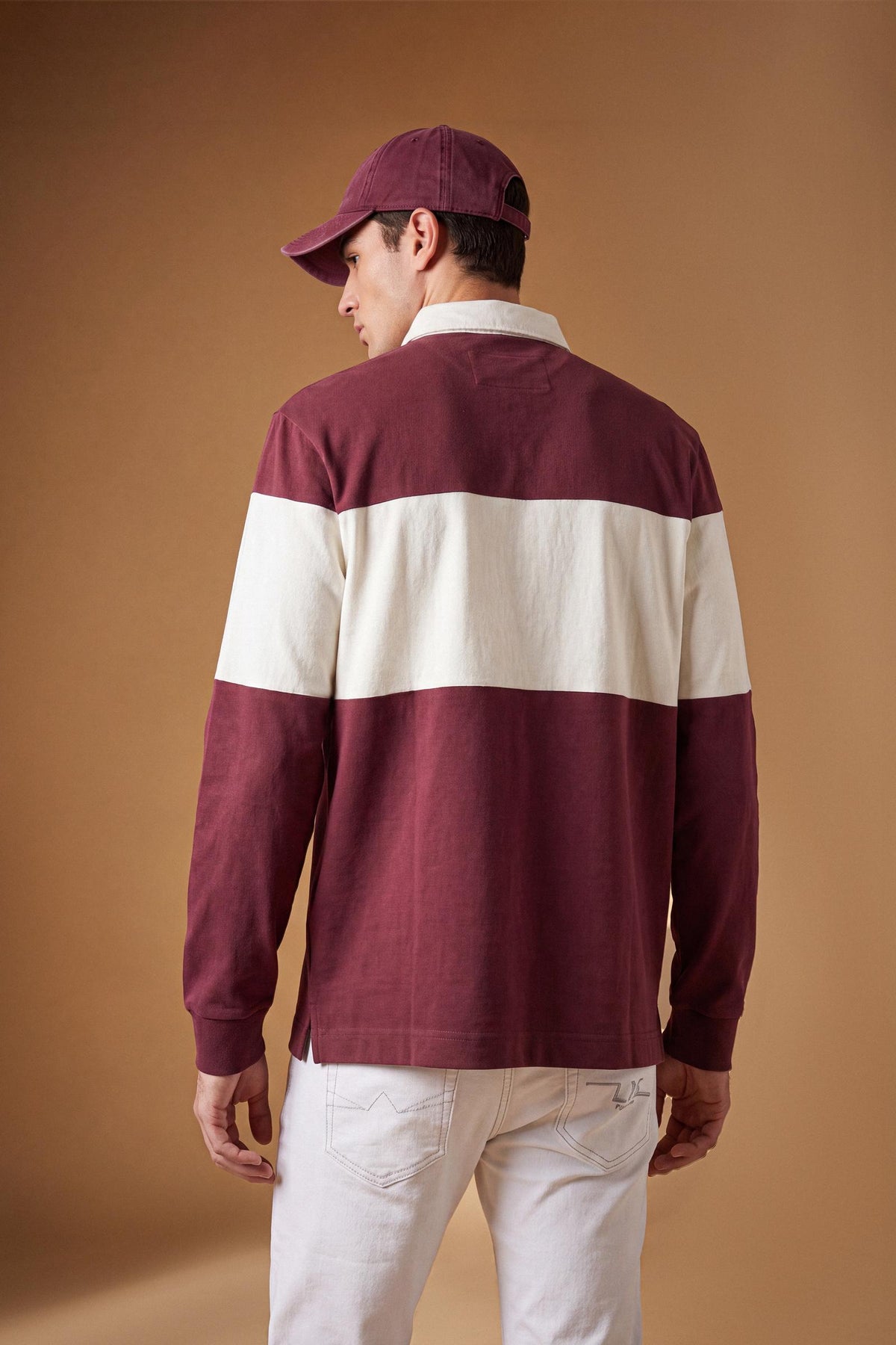 Men's long-sleeve polo in heavy 100% cotton jersey with two-tone collegiate color block, rugby construction, contrasting collar, and embroidered logo for comfor - Port Royale/Pristine