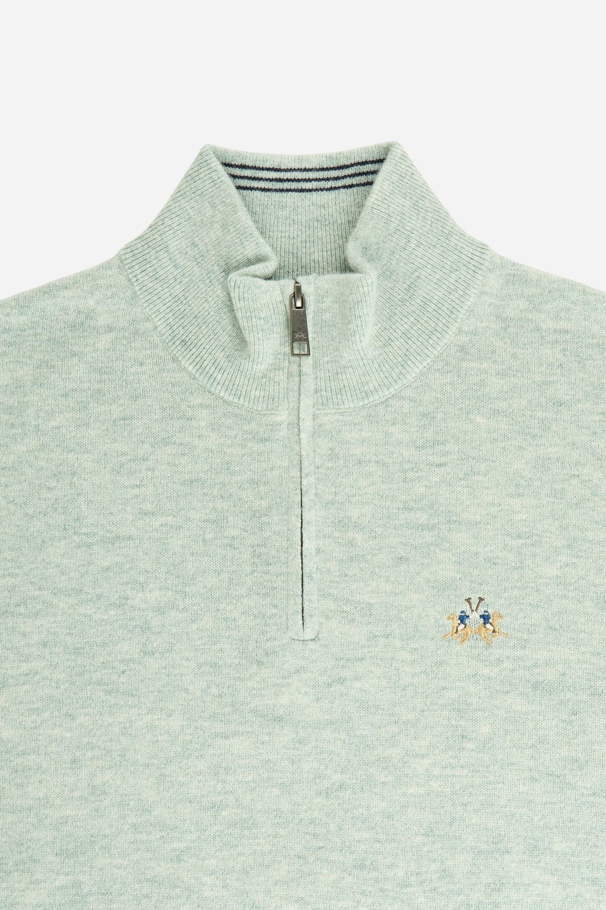 Men's long-sleeve lambswool sweater with half-zip neck, ribbed collar, cuffs, and hem, featuring contrasting inner tape and embroidered logo for a stylish, comf - Desert Sage