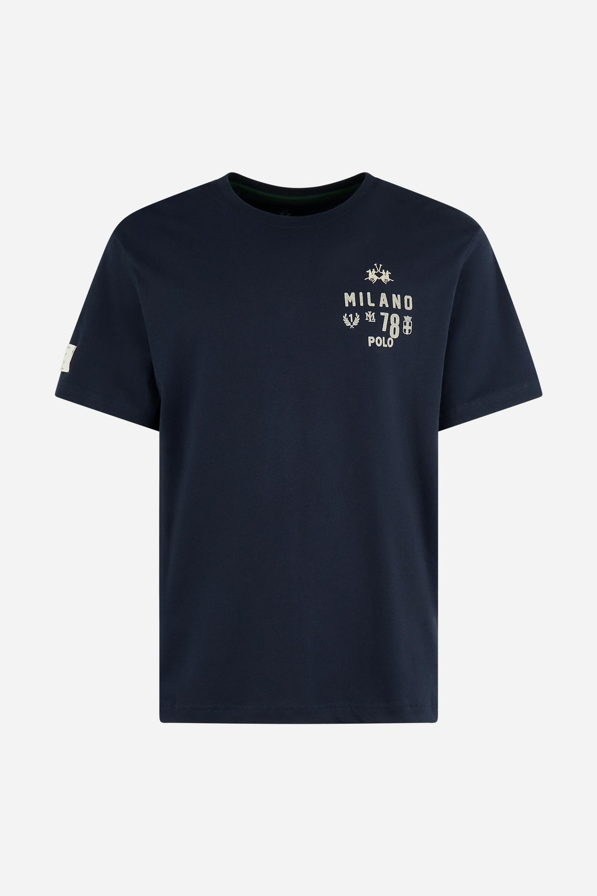 Men's short-sleeve T-shirt in 100% cotton with a ribbed crew neck, contrasting printed and embroidered chest design, and a comfortable, classic regular fit. - Navy Blazer
