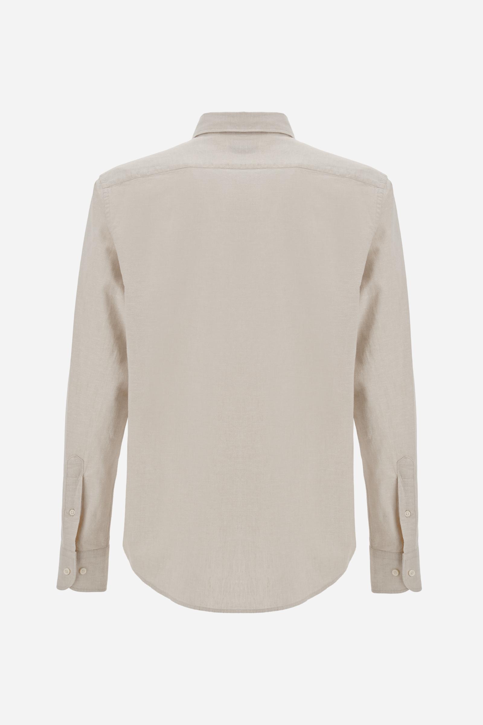 Men’s cotton and linen shirt with regular fit and French collar. Tone-on-tone embroidered logo and visible button placket. - Rainy Day                                                                                                                                                                                                                                                                                                                                                                                          