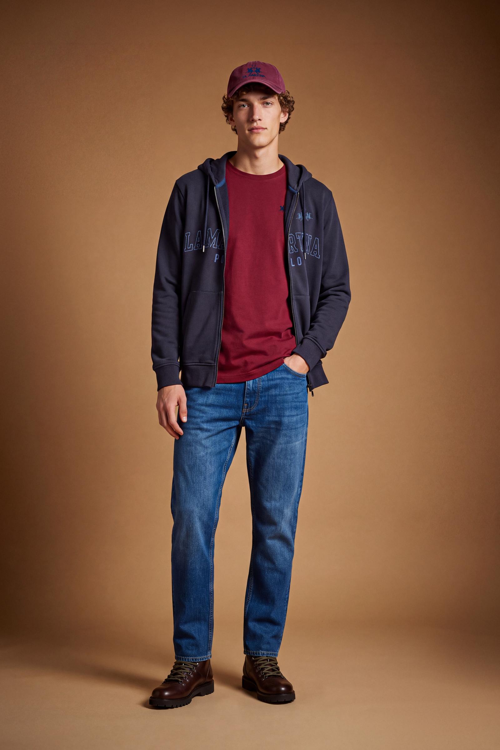 Men’s long-sleeve sweatshirt in soft 100% brushed cotton, featuring a personalized zipper, adjustable hood, kangaroo pockets, ribbed cuffs, and bold embroidery. - Navy Blazer