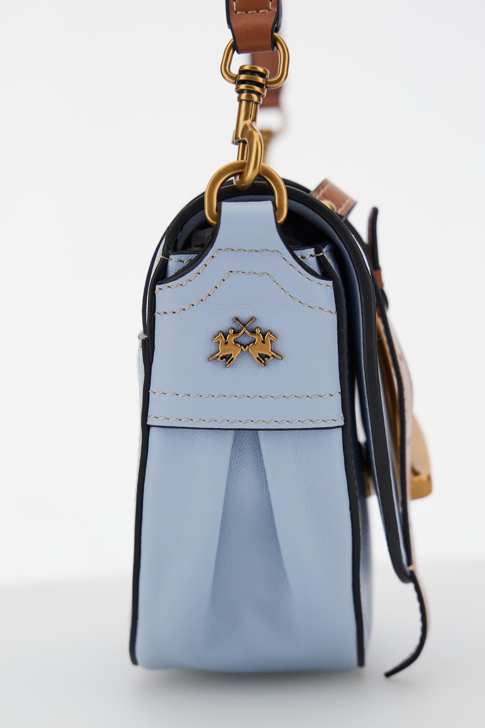 Small half-moon bag in full-grain leather with leather trim, saddle flap and gold maxi stirrup buckle with engraved logo. - Sea Breeze/Cuoio                                                                                                                                                                                                                                                                                                                                                                                    