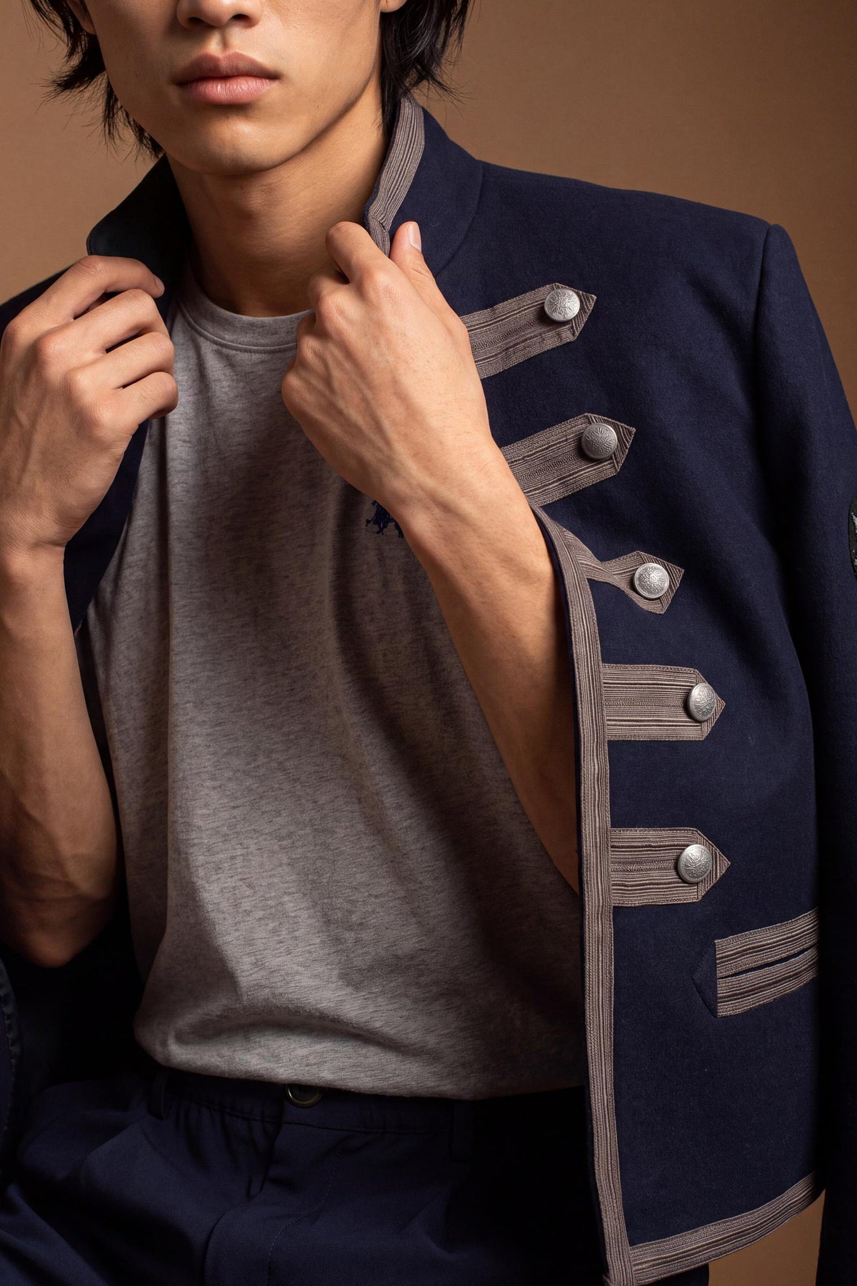 Men's long-sleeve wool blend jacket with structured fit, contrasting lining, braided trims, frog closures, metal buttons, and detailed craftsmanship for a refined look. - Navy Blazer