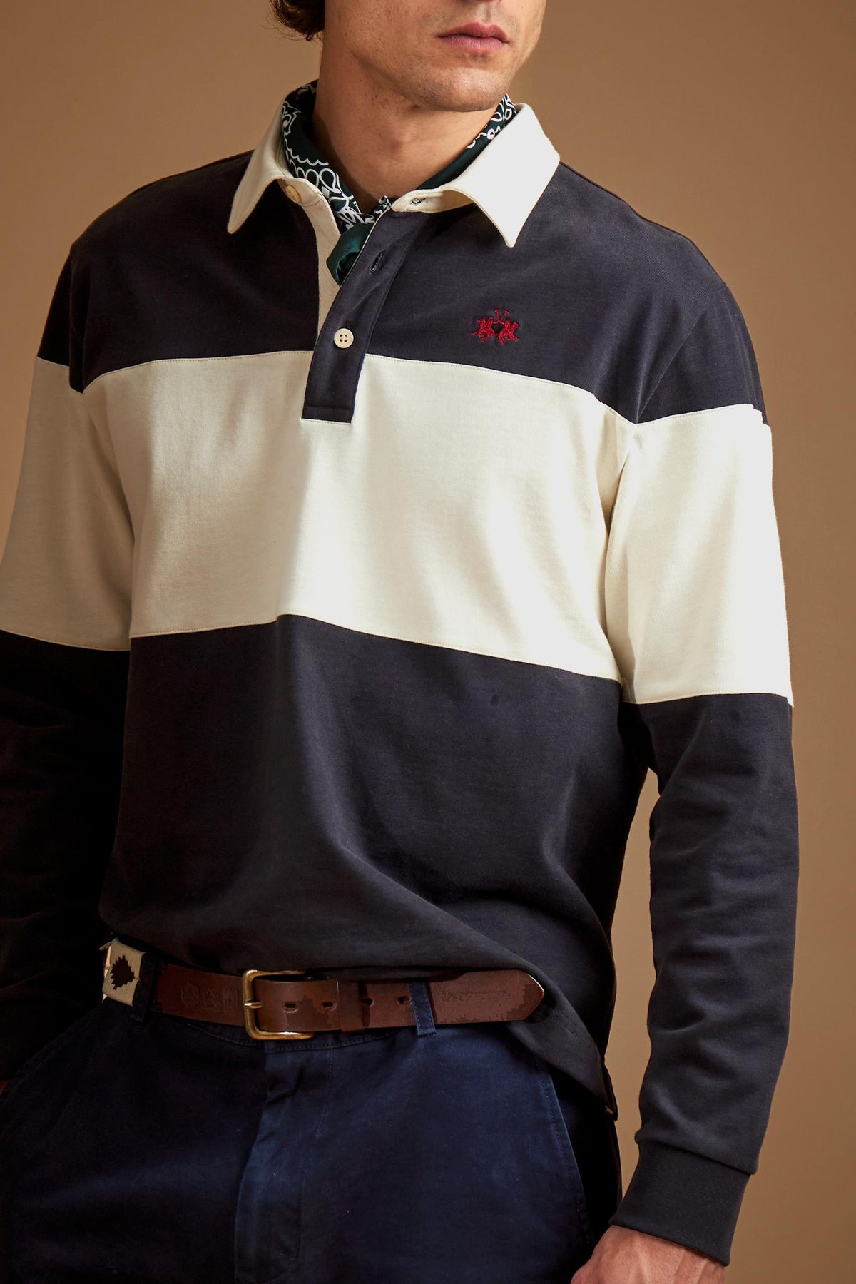 Men's rugby polo, heavy cotton jersey with large stripe - Dion