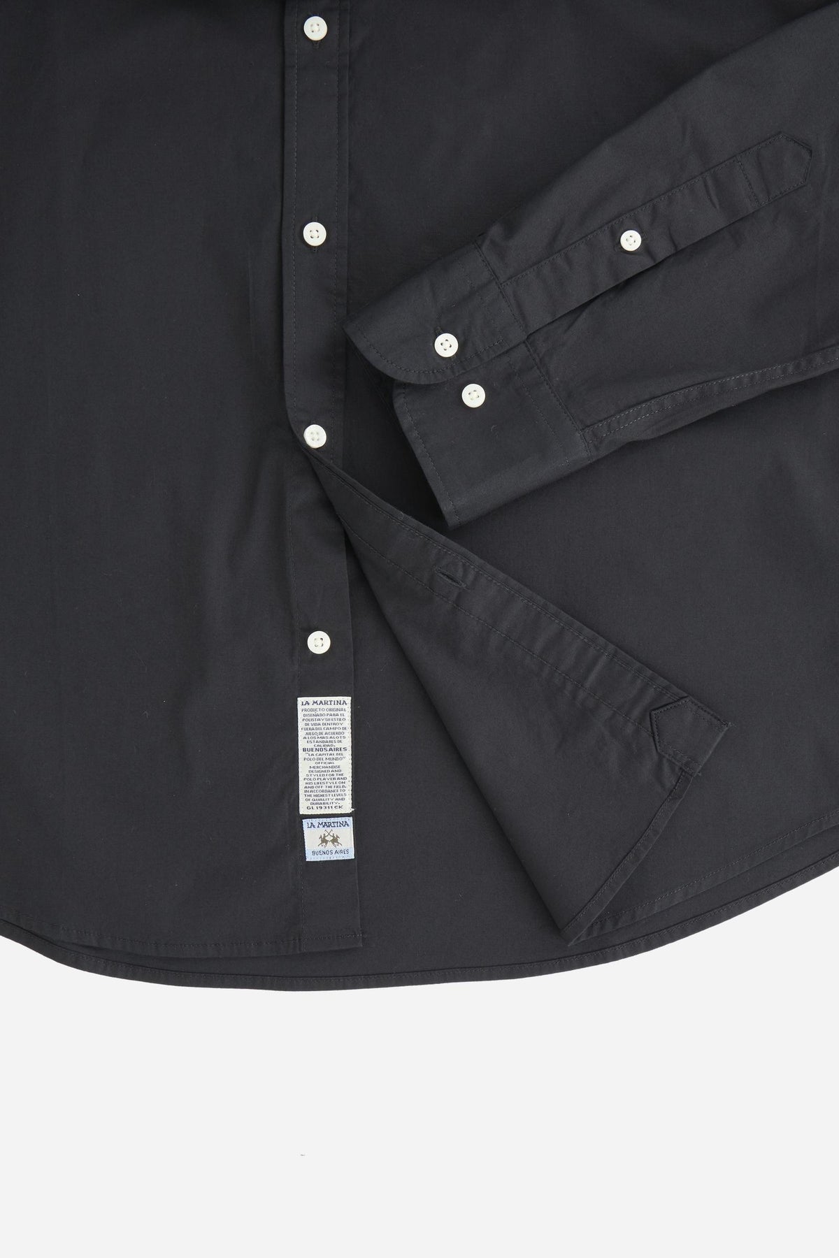 Men's long-sleeve 100% cotton poplin shirt with regular fit, French collar, custom buttons, single-button cuff, and Argentina Edition labels for a refined look. - Black