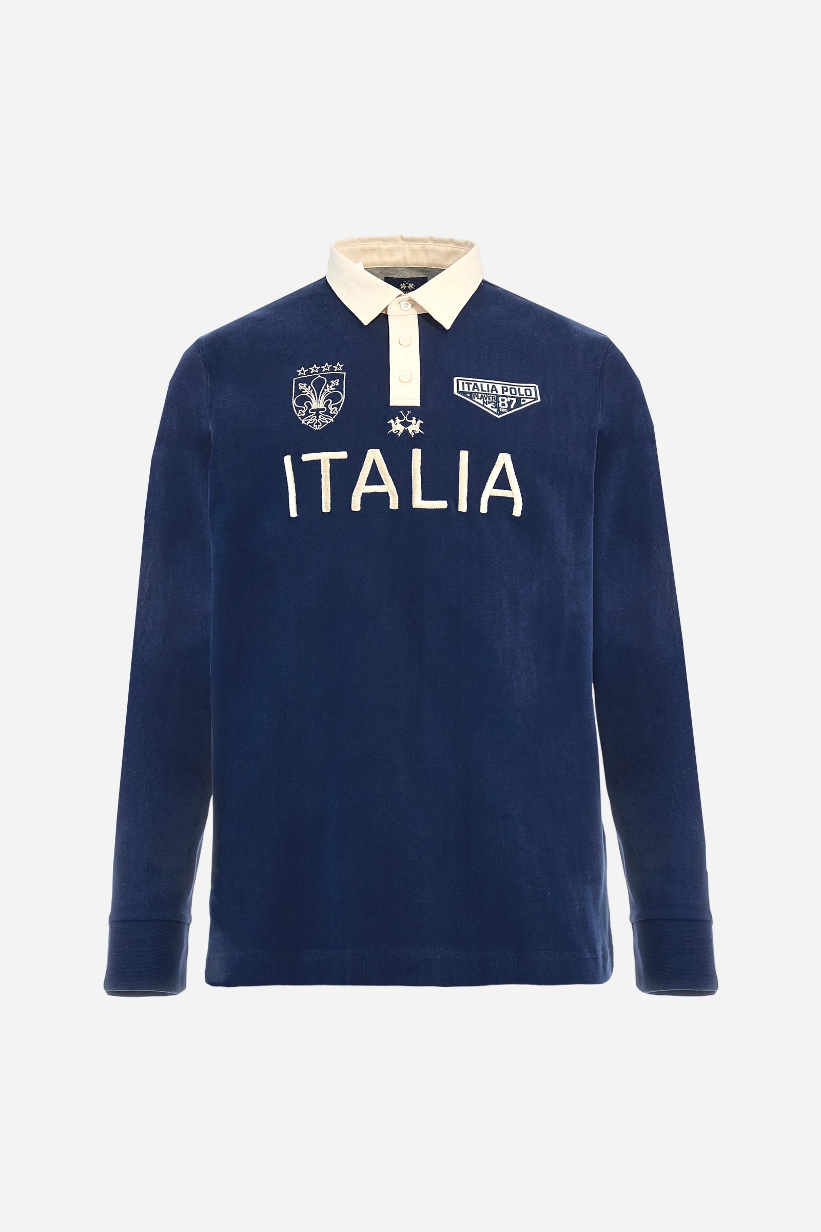 Long-sleeve polo shirt in soft, warm cotton jersey for all-day comfort. The contrasting gabardine collar adds a sophisticated touch to the clean design, while the ribbed cuffs in matching tone complete the look. On the chest, oversized colorful graphics celebrate Italy, Argentina, and England. A small embroidered logo in contrast sits below the placket. Regular fit for a relaxed silhouette that suits every body type. Model wears size L. - Navy