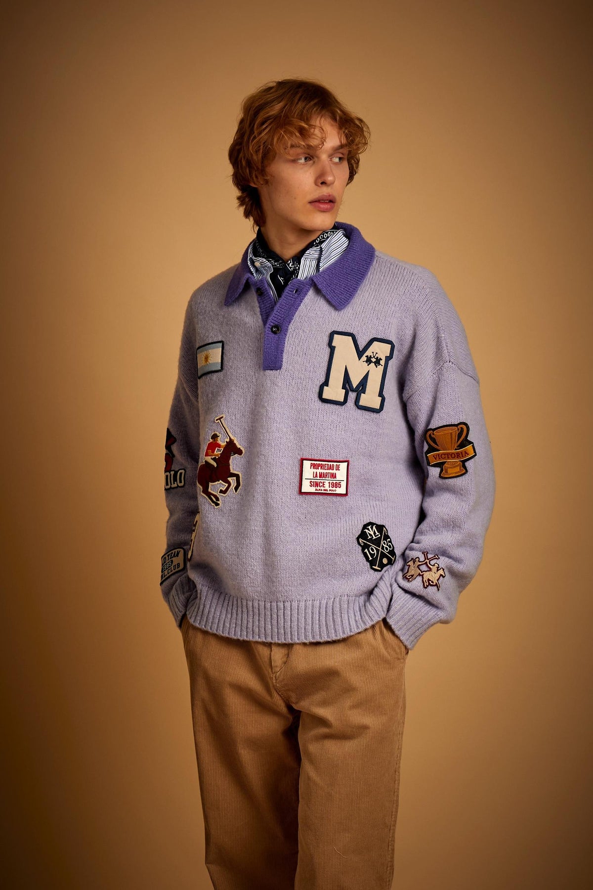 Polo homme manches longues en maille mélange laine avec patch - Earl