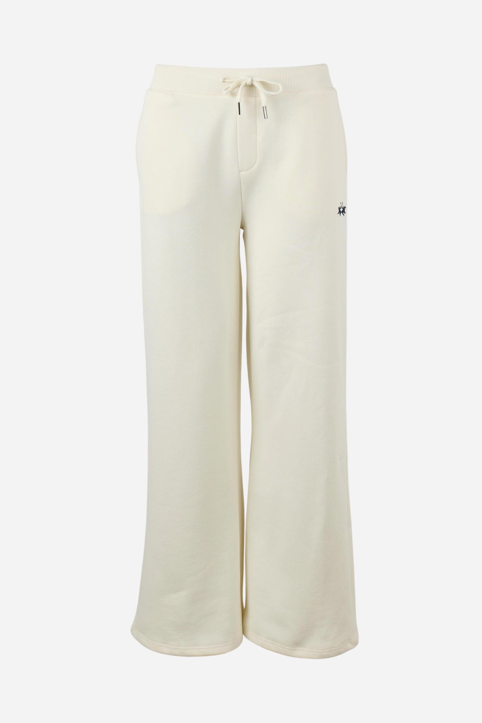 Women's pants in soft brushed cotton with an elastic waistband, adjustable drawstring, vertical side pockets, and a relaxed wide-leg fit for all-day comfort. - Pristine