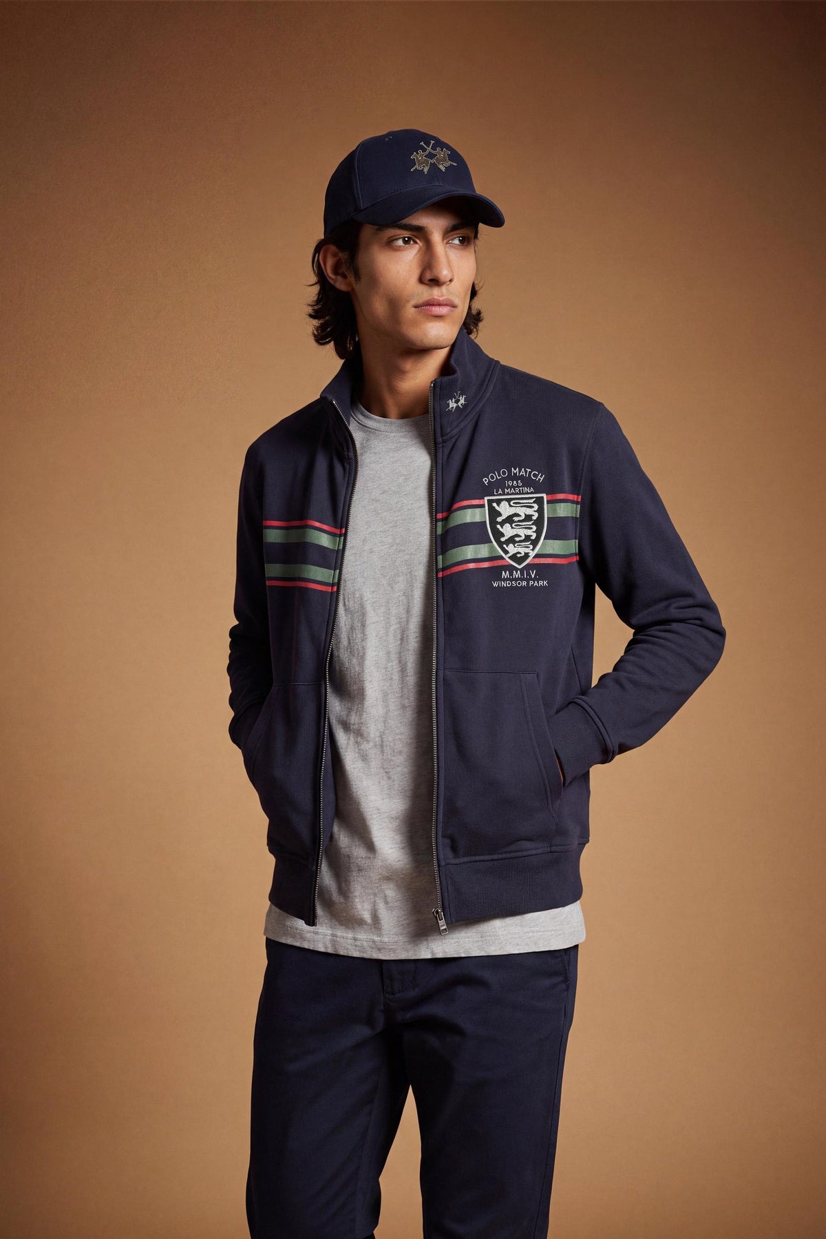 Men's long-sleeve sweatshirt in soft cotton with high double-layer collar, front zipper, ribbed cuffs, kangaroo pockets, and striking red, black, white stripes. - Navy Blazer