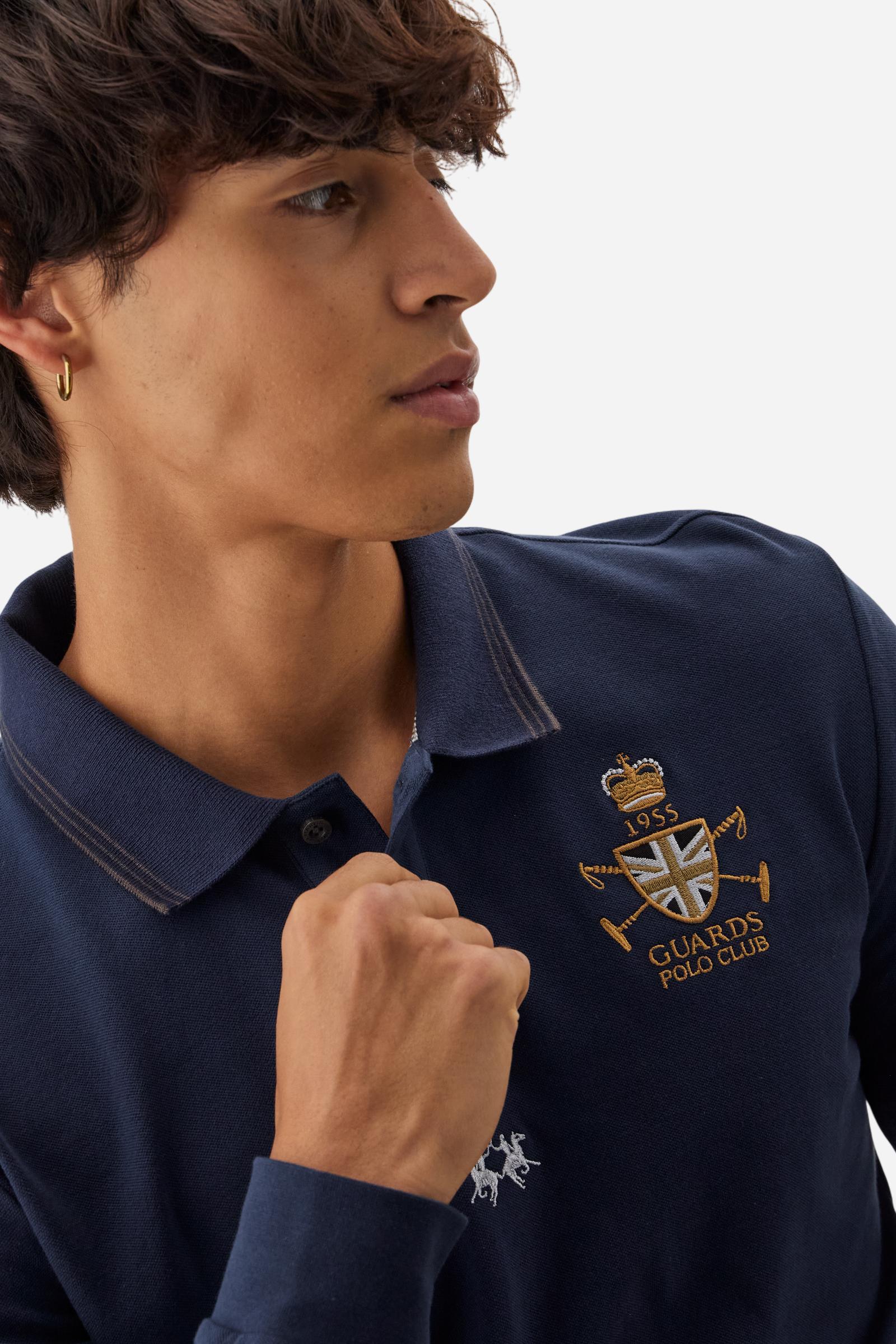 Men’s long-sleeve polo in stretch cotton jersey, regular fit with ribbed collar and cuffs and small embroidered heraldry on the chest. - Navy