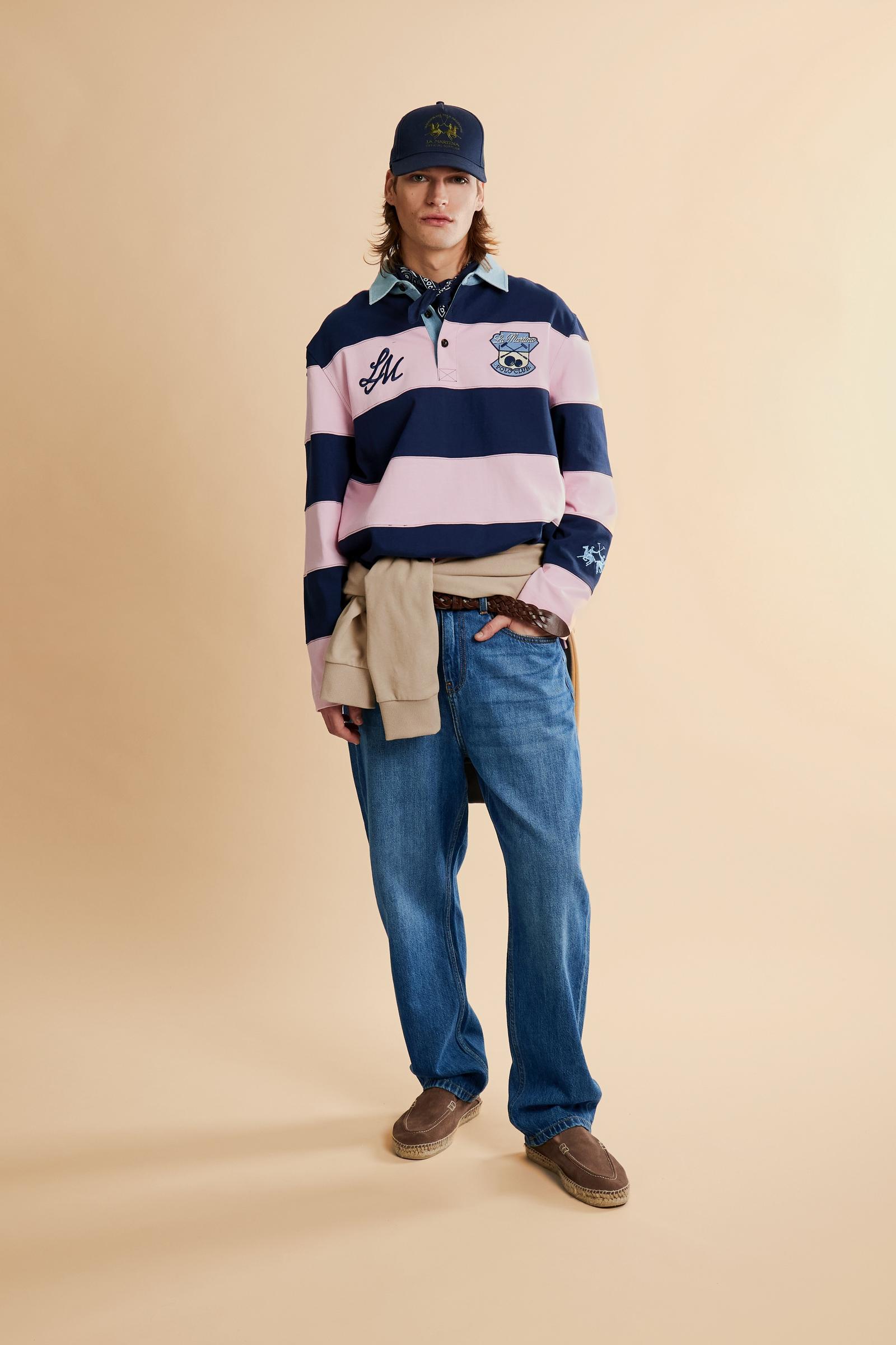 Men’s rugby polo in heavy cotton jersey with bold two-tone stripes. Preppy-inspired patches and embroidery. - Fairtale/Navy                                                                                                                                                                                                                                                                                                                                                                                                     