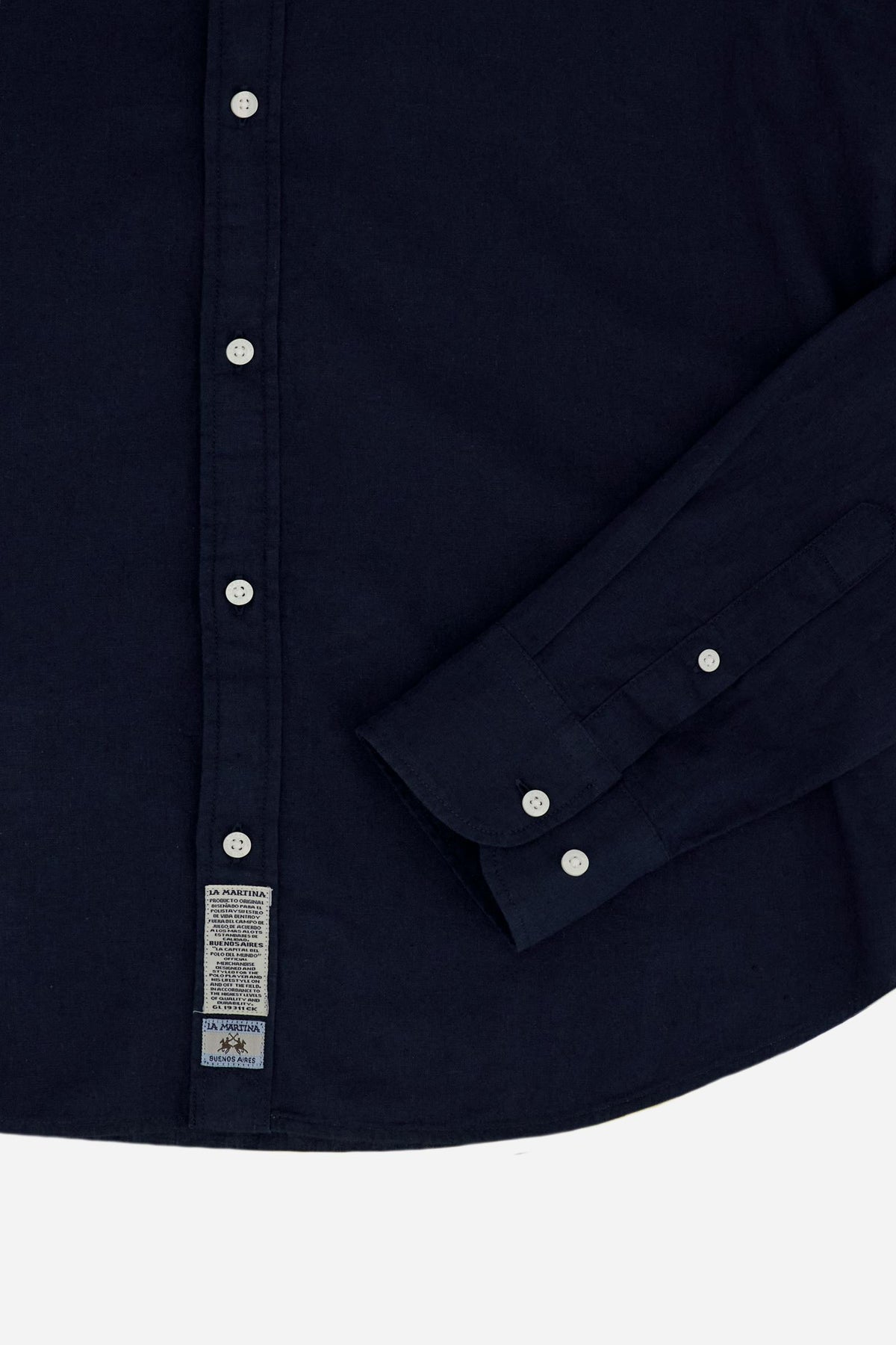 Men’s long-sleeve cotton and linen shirt. Regular fit with strong graphic identity, featuring prints and embroidery inspired by the Polo Team Argentina. - Navy