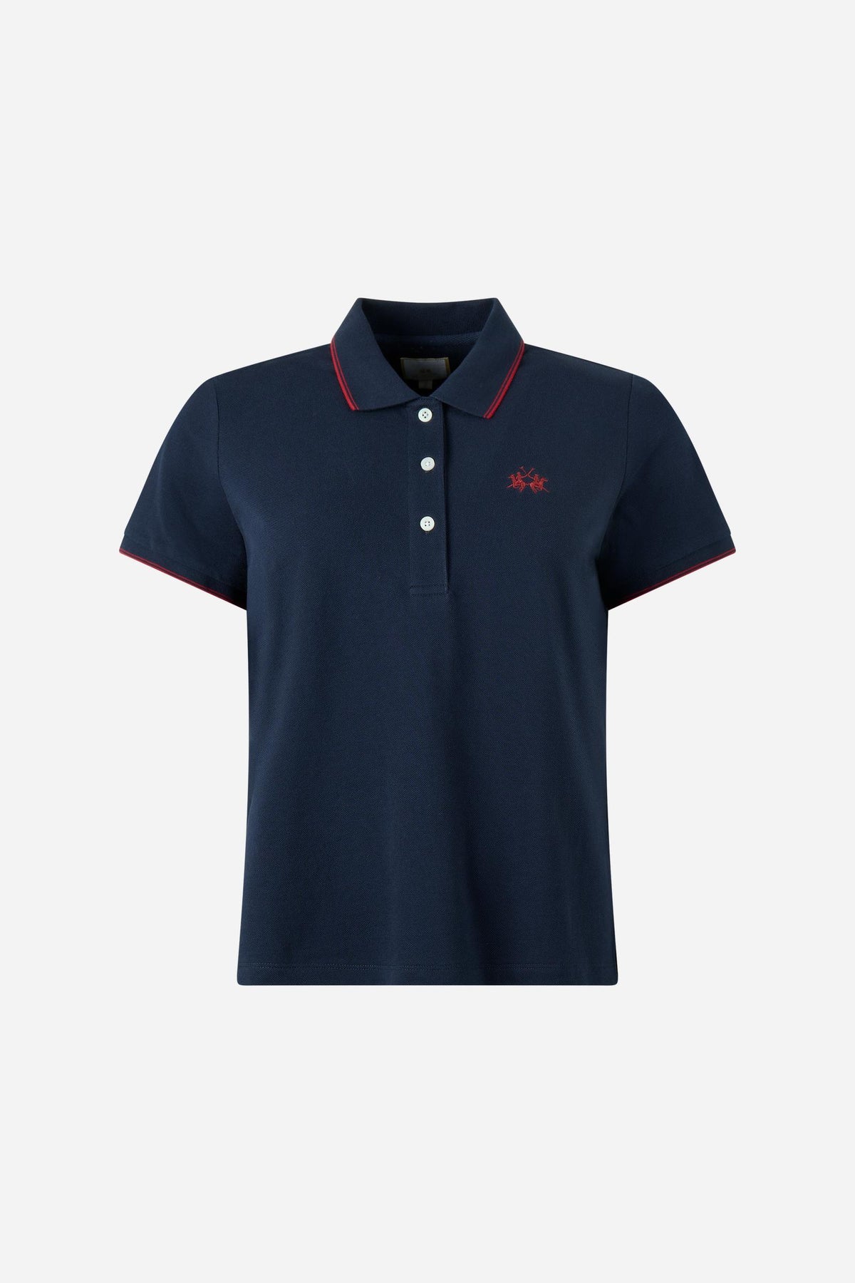 Women's 100% cotton piqué polo with regular fit, ribbed collar and cuffs, contrasting edges, 3-button front, and embroidered logo for a classic, comfortable style. - Navy Blazer