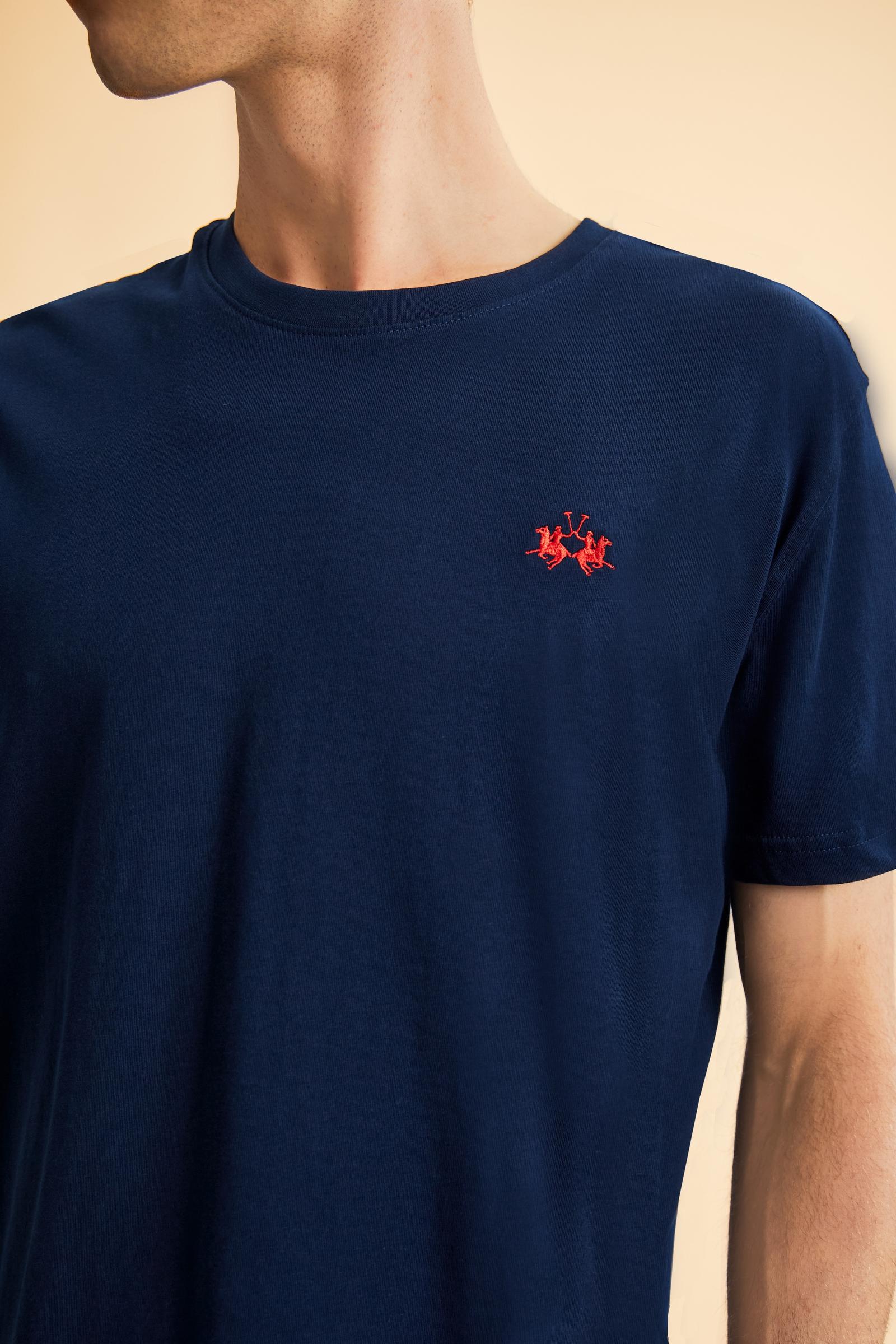 Men's short-sleeved crew-neck T-shirt in solid color with embroidered logo. Made of 100% cotton, perfect for a casual and trendy look with shorts or trousers. - Navy                                                                                                                                                                                                                                                                                                                                                           