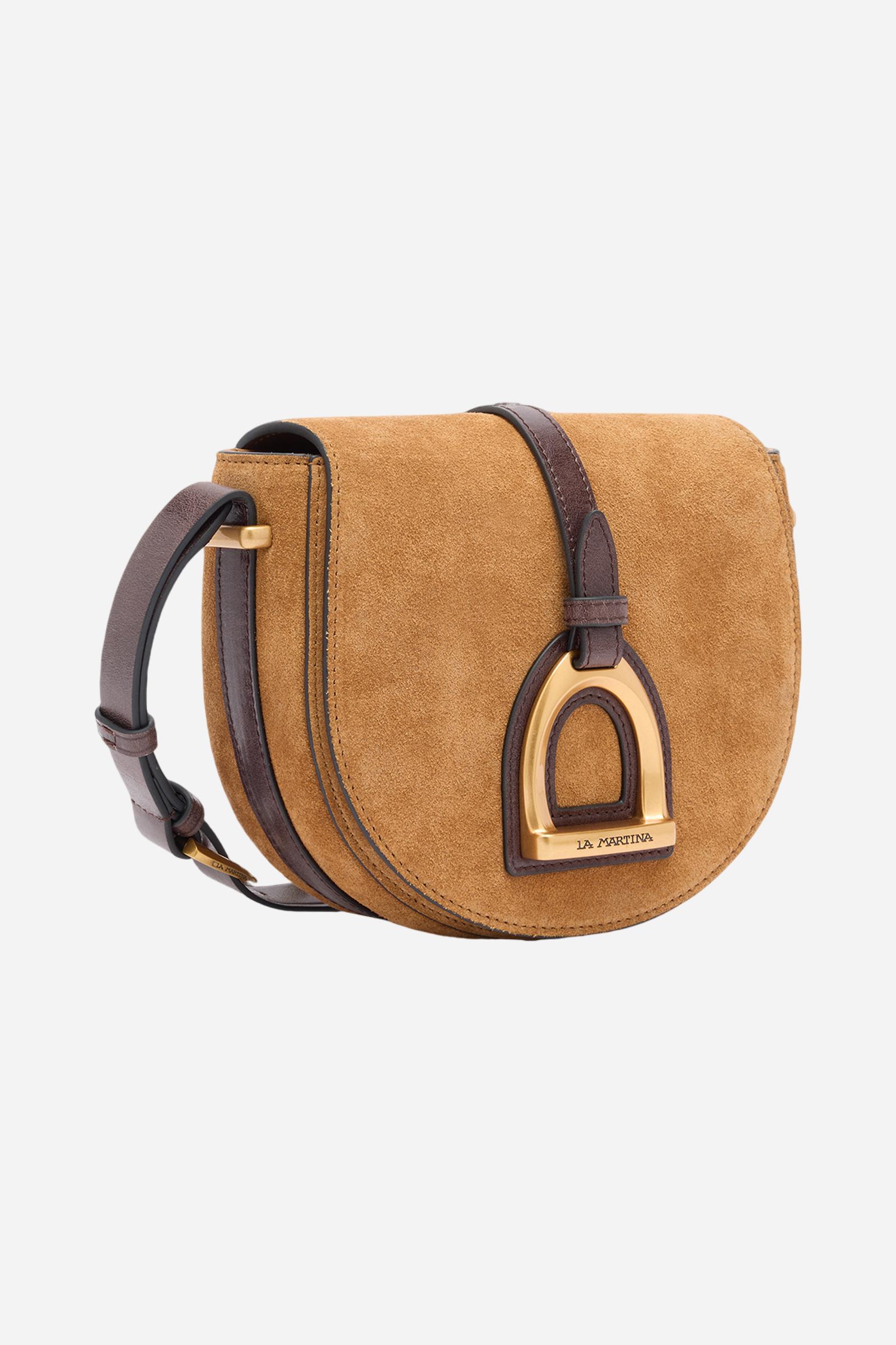 Crossbody bag in suede with curved design. With front flap, large golden buckle and contrasting leather details. - HONEY/DARK CHOCOLATE