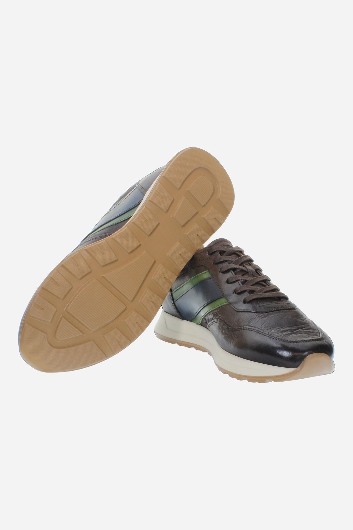 Men's sneaker combining calf and vegetable-tanned leather with artisanal stitching, branded logo, and high-cushioning rubber PU sole for lasting comfort and style. - Dark Brown