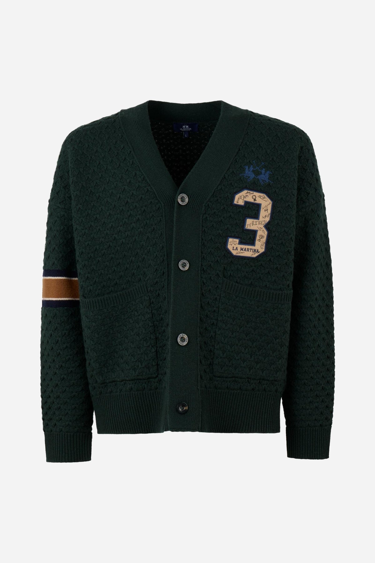 Men's long-sleeve cardigan in 50% lambswool blend with 3D knit, large buttons, patch pockets, bold "3" applique, brand embroidery, and relaxed oversized fit. - Scarab