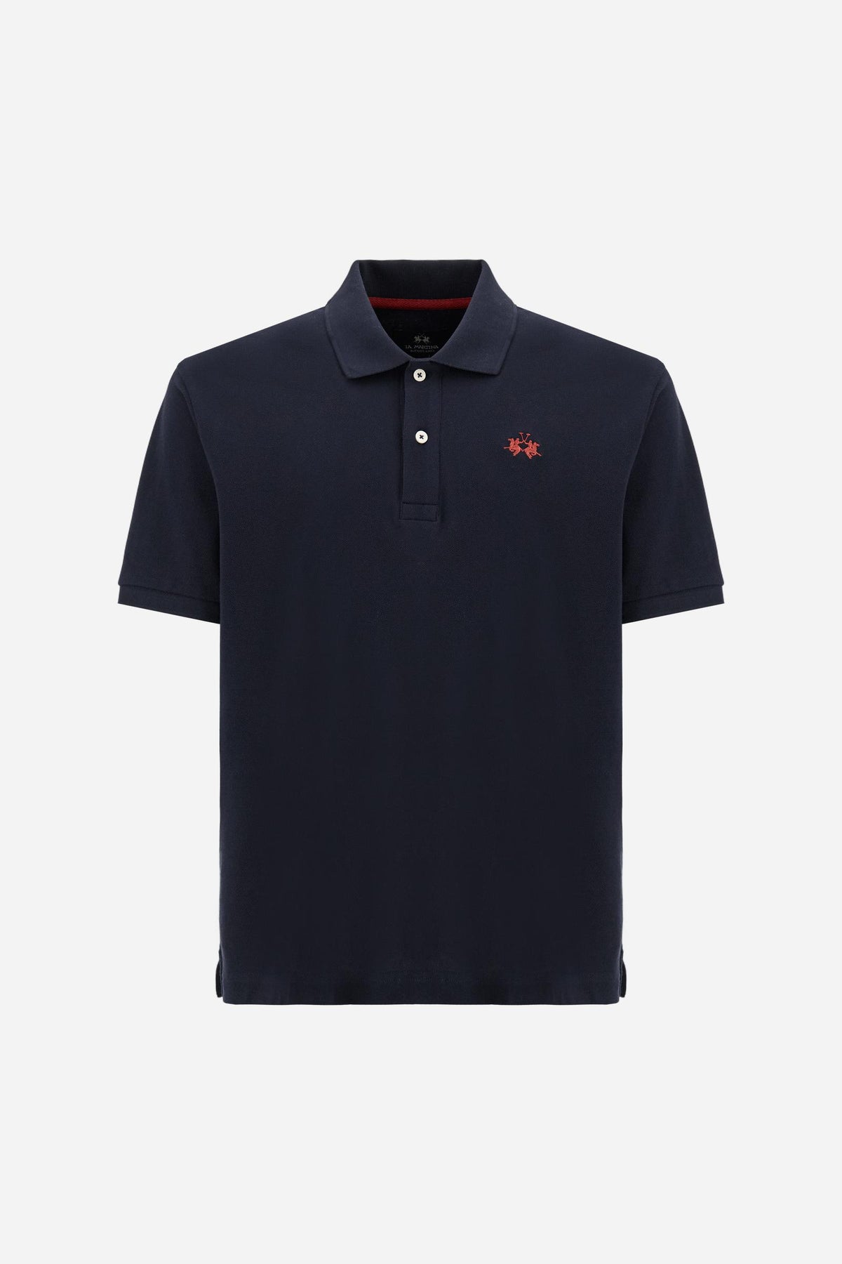 Men’s short sleeve cotton piqué polo shirt with regular fit, two-button placket and contrast brand logo. - Navy Blazer