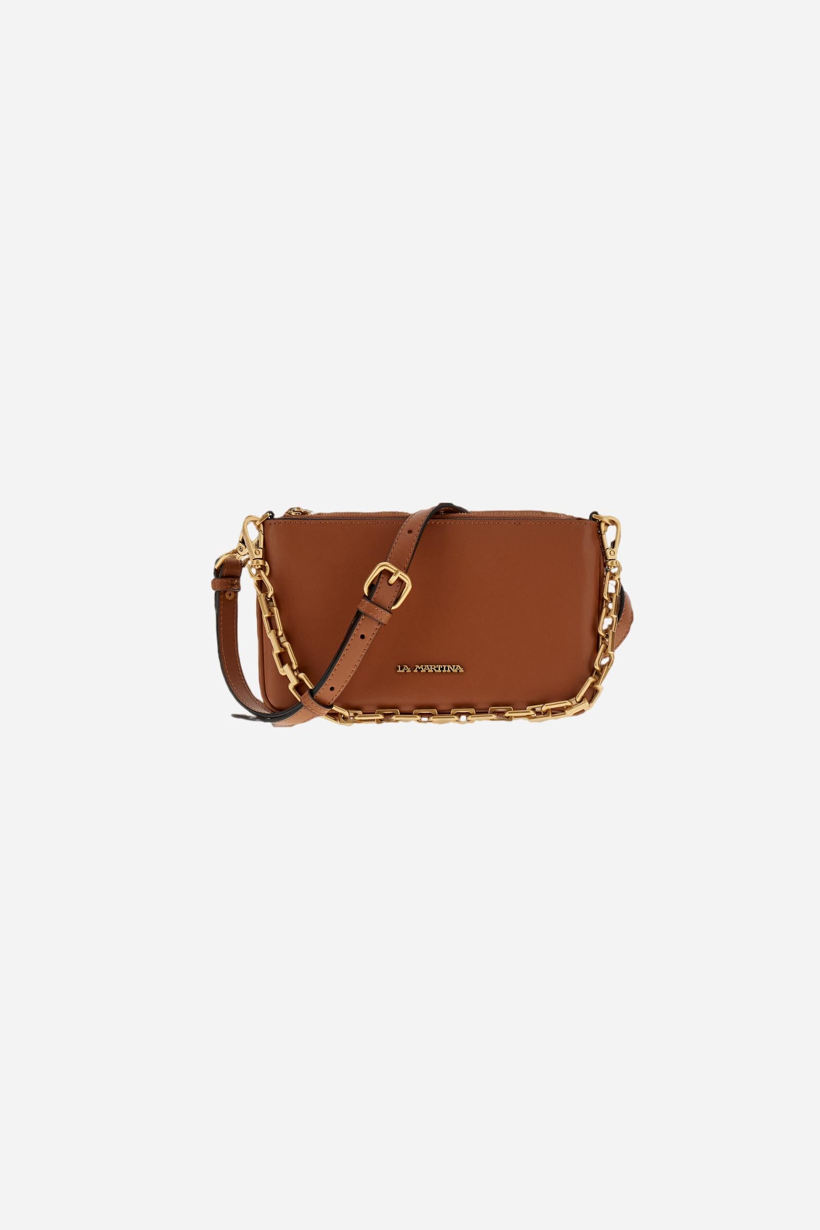 Calf leather pouch with shoulder strap, gold-tone metal details and braided cord for an elegant, distinctive touch. - COGNAC