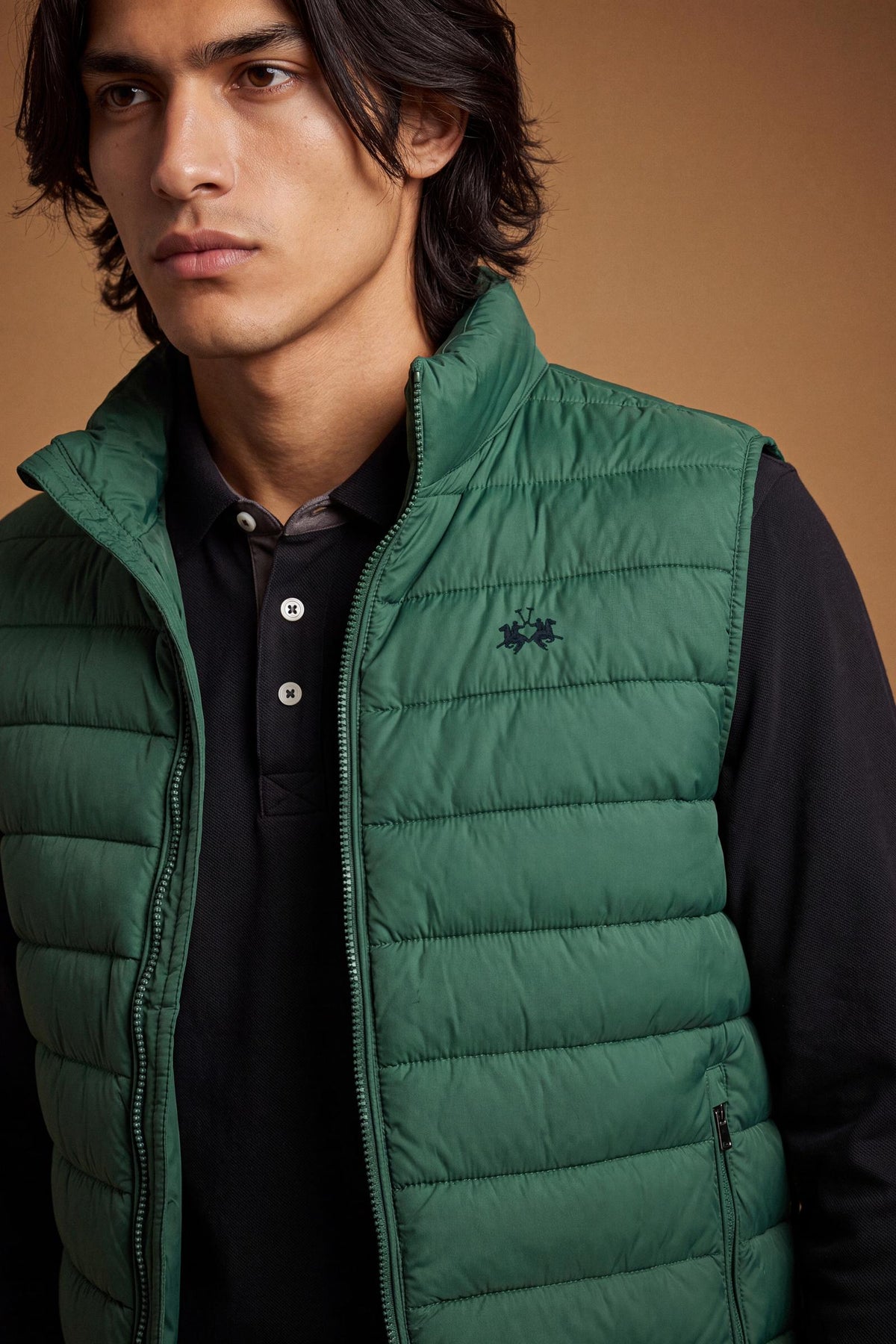 Men's sleeveless down jacket in lightweight nylon with wadding padding for warmth, zippered pockets, high collar, and contrasting interior and logo details. - Pine Grove