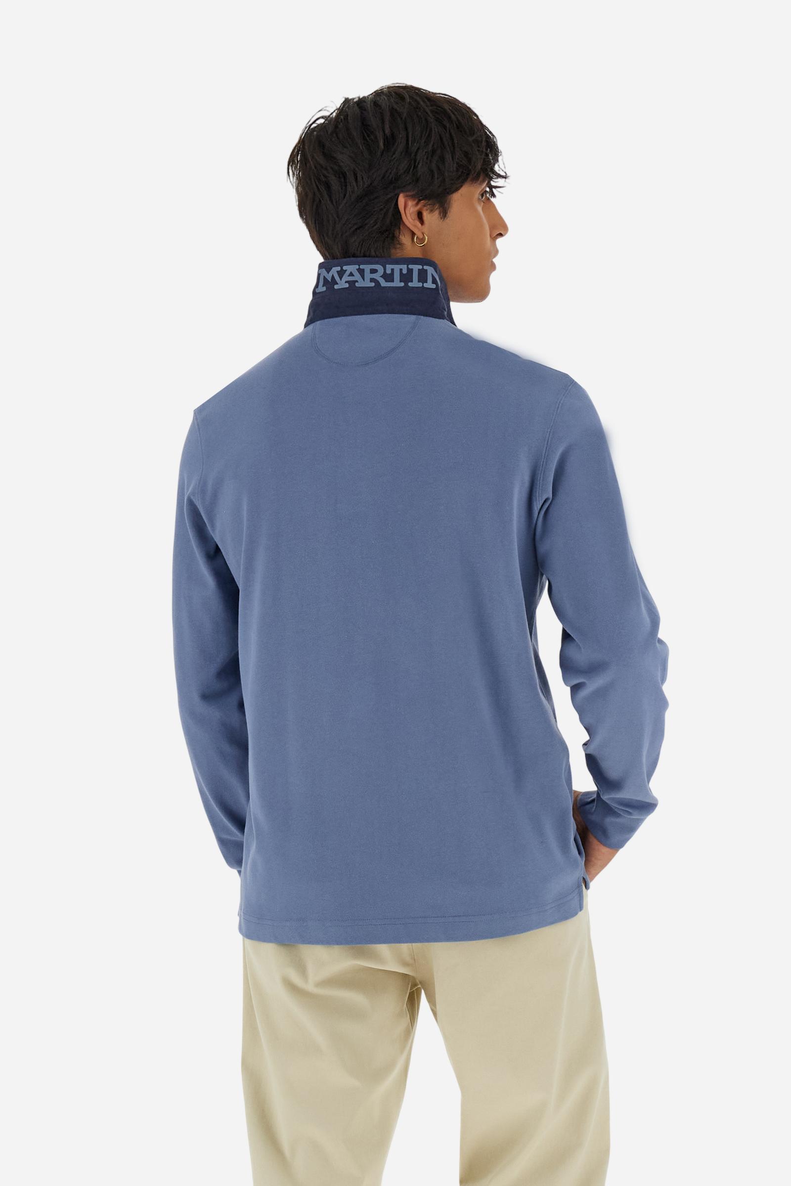Classic men’s long-sleeve polo in soft-touch 100% cotton jersey. Contrast gabardine collar, three-button placket with multicolor striped tape. Iconic La Martina lettering printed in contrast under the collar. Small contrast logo embroidered on the chest. Regular fit for a balanced silhouette. Model wears size L. - Flint Stone