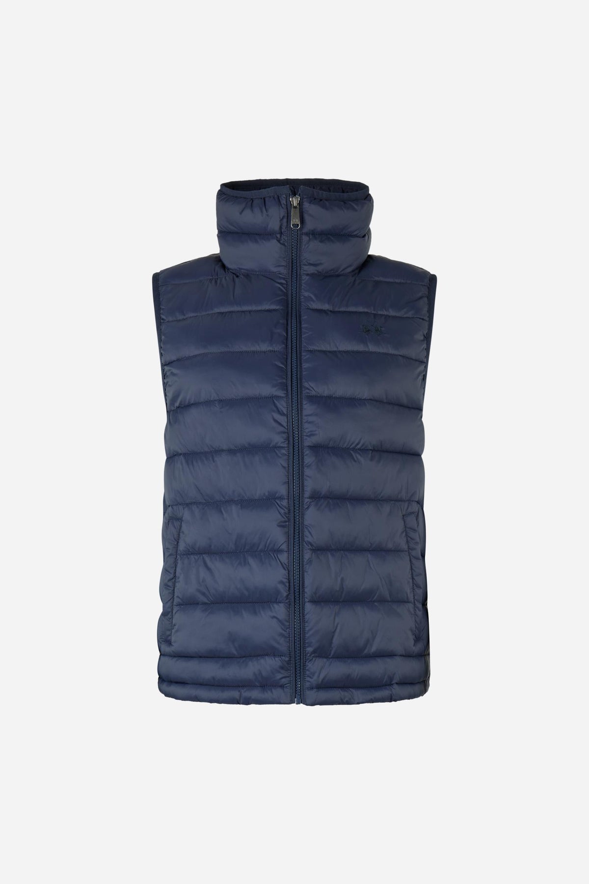 Women's nylon vest with polyamide lining and polyester padding, featuring horizontal quilting, high collar, zip closure, fleece-lined pockets, and adjustable hem for comfort. - Navy Blazer