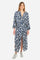 Women's kimono dress with 3/4 sleeves in a geometric print. In a synthetic fabric. V-neck. Tie at waist. Foot-length. Side slit. The logo is present on a metal plate sewn on one sleeve. The fit is regular. The model wears a size 2. - Orion blue/Off white